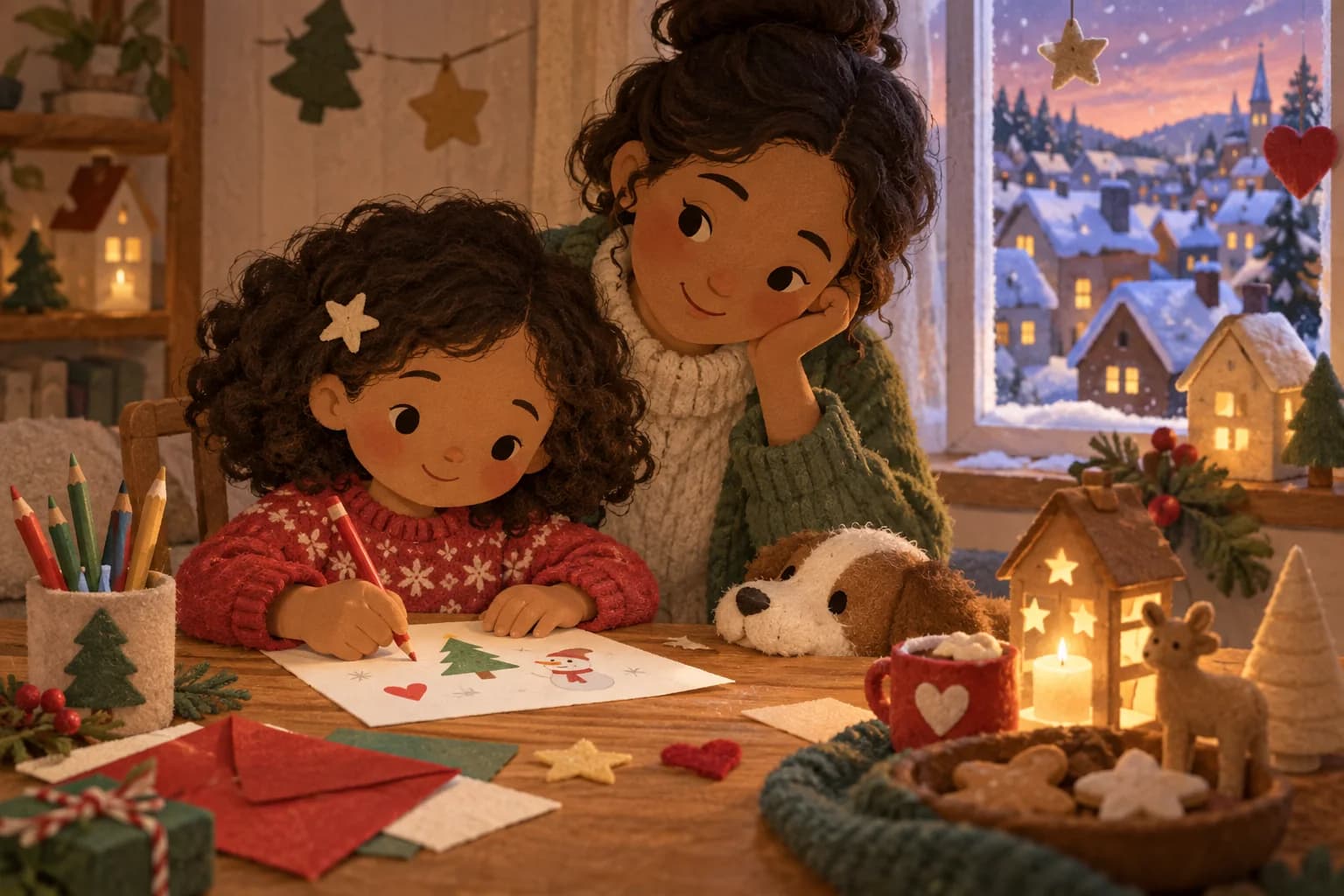 Un enfant écrit une lettre de Noël avec l’aide d’un parent près d’une fenêtre enneigée