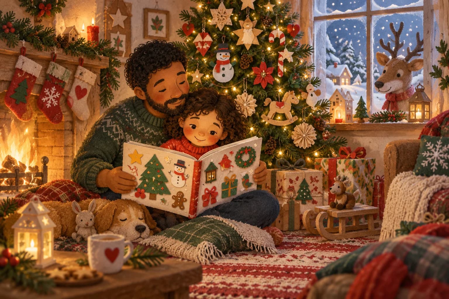Un parent et un enfant lisent un lexique près d’un sapin décoré
