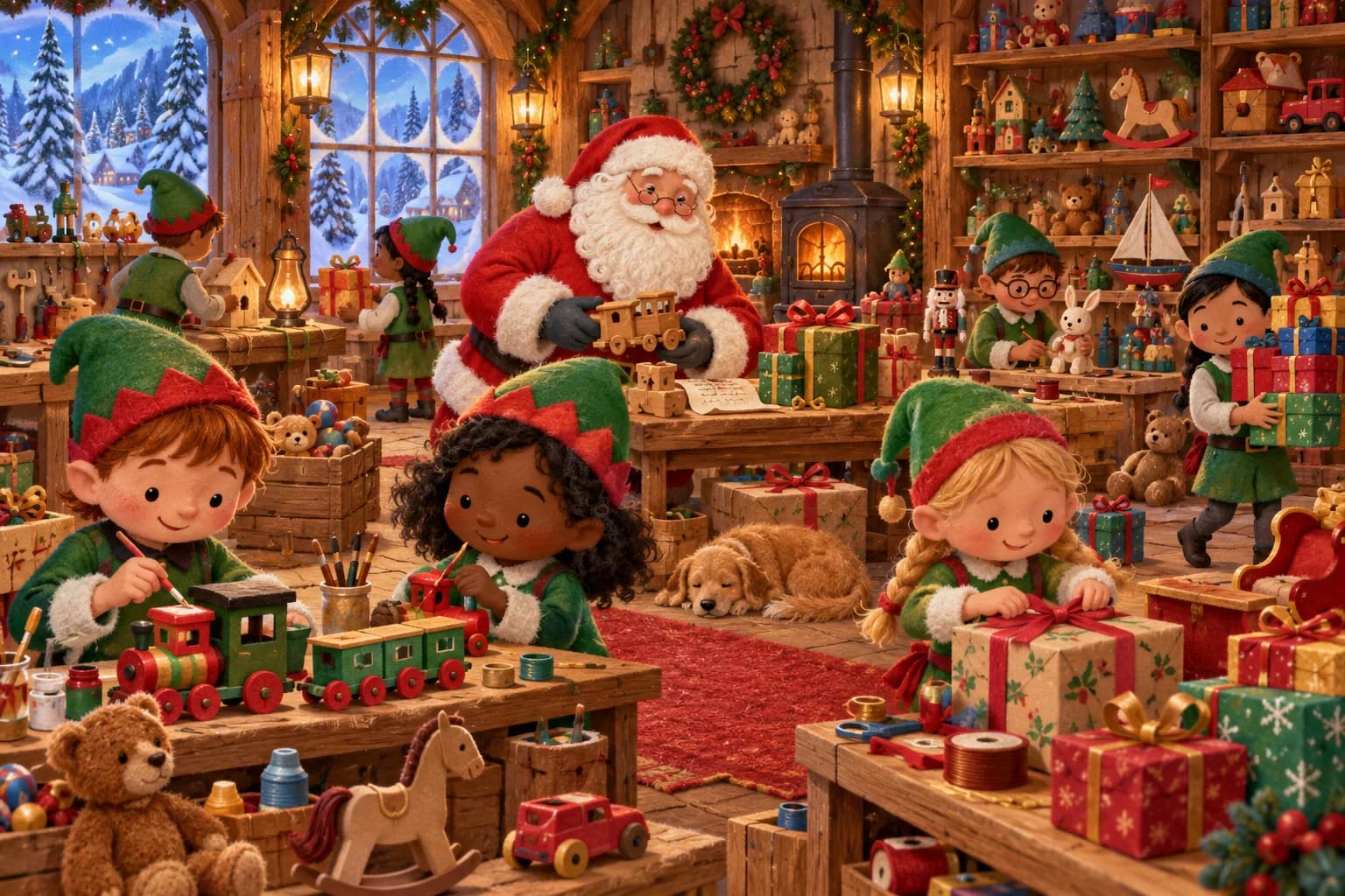 Dans l’atelier du Père Noël au pôle Nord, des lutins dessinent, peignent, vérifient et emballent des jouets, tandis que la neige est visible par les fenêtres givrées.