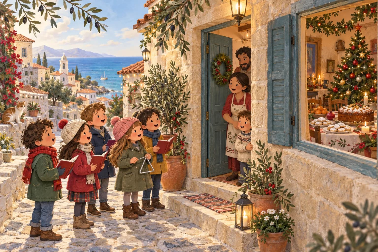 Des enfants chantent devant une maison chypriote décorée pour Noël, près de la mer Méditerranée.