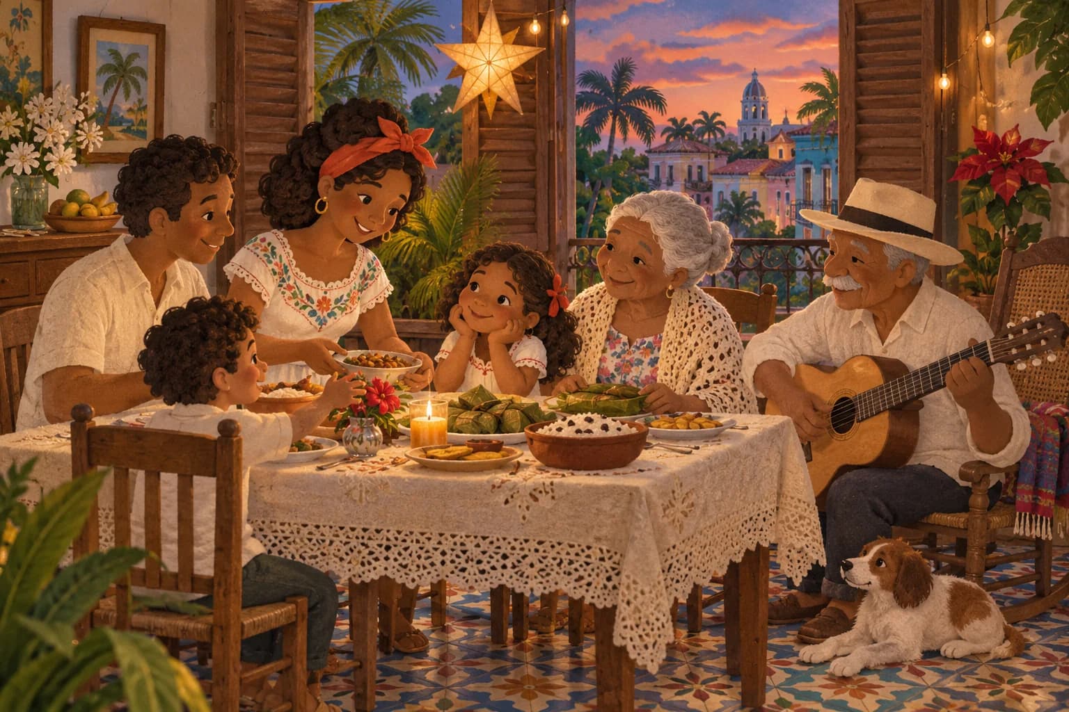 Une famille cubaine de trois générations réunie autour d’une table pour Noël, dans une maison aux volets ouverts.