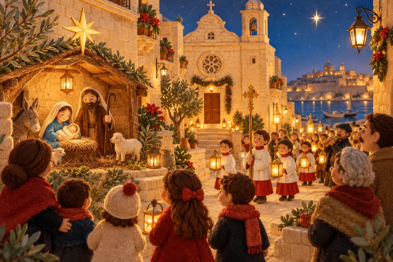 Crèche artisanale et douce procession de Noël dans un village maltais