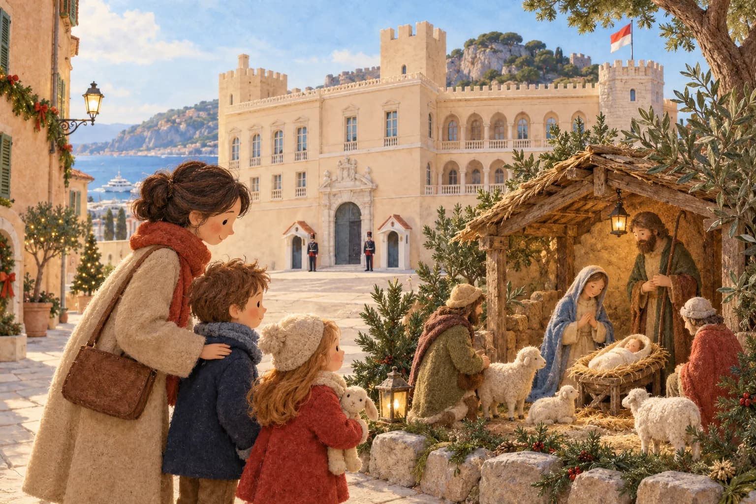 Deux enfants et un parent observent une crèche imaginée sur la place du Palais à Monaco.