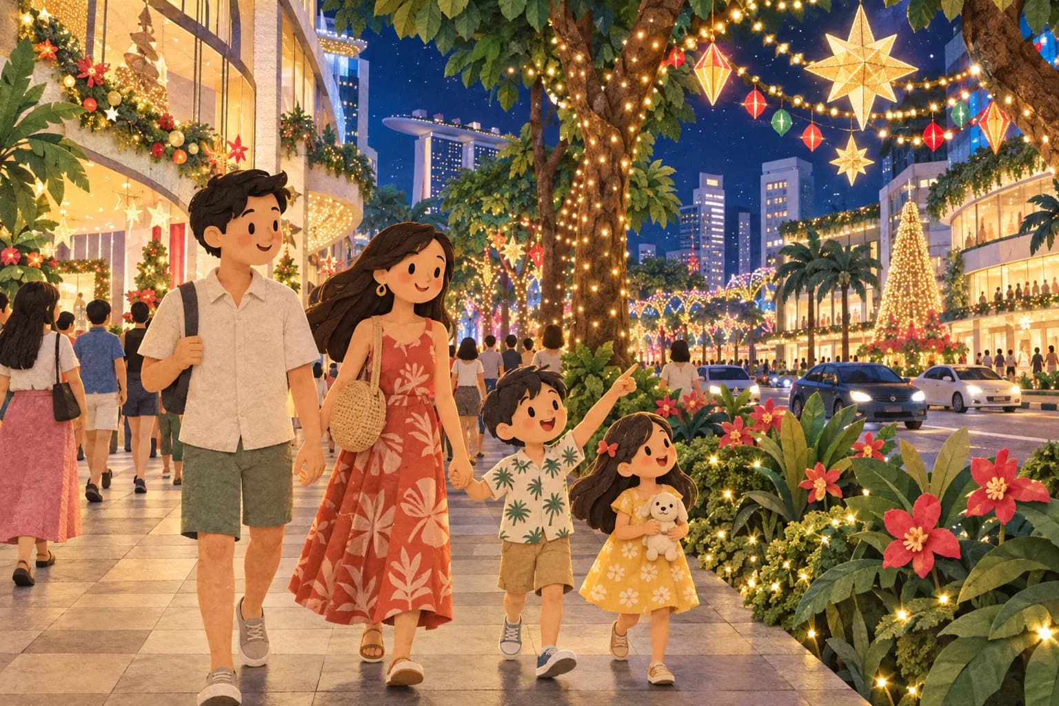 Une famille en vêtements légers observe les illuminations de Noël d'Orchard Road, à Singapour.