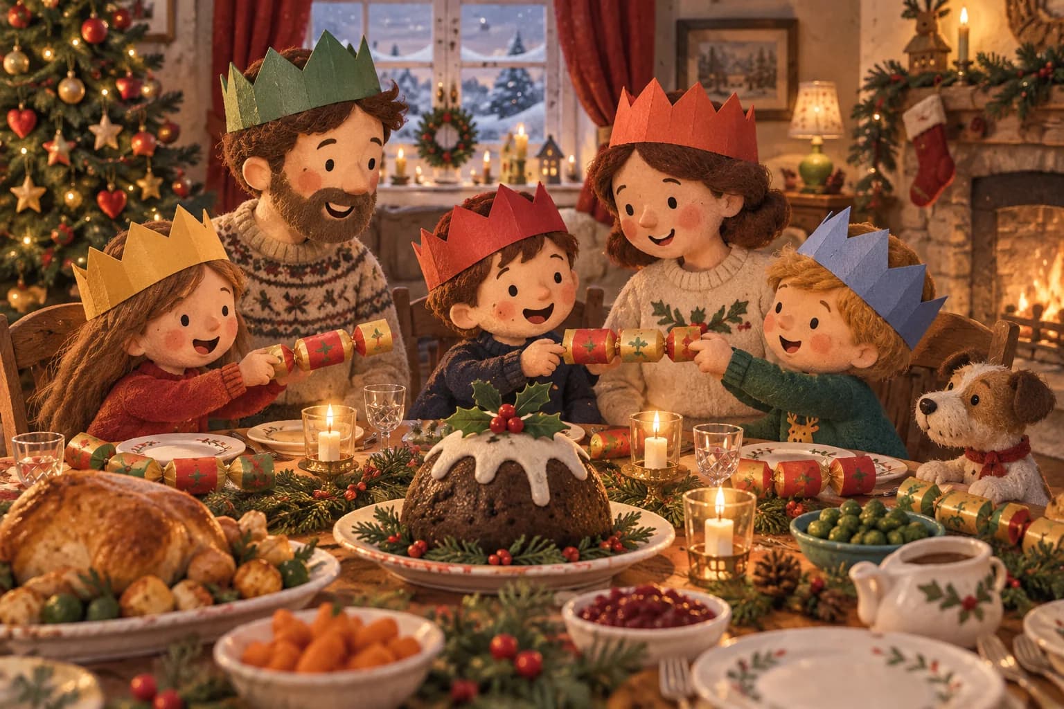 Repas de Noël britannique avec crackers en papier, couronnes et pudding