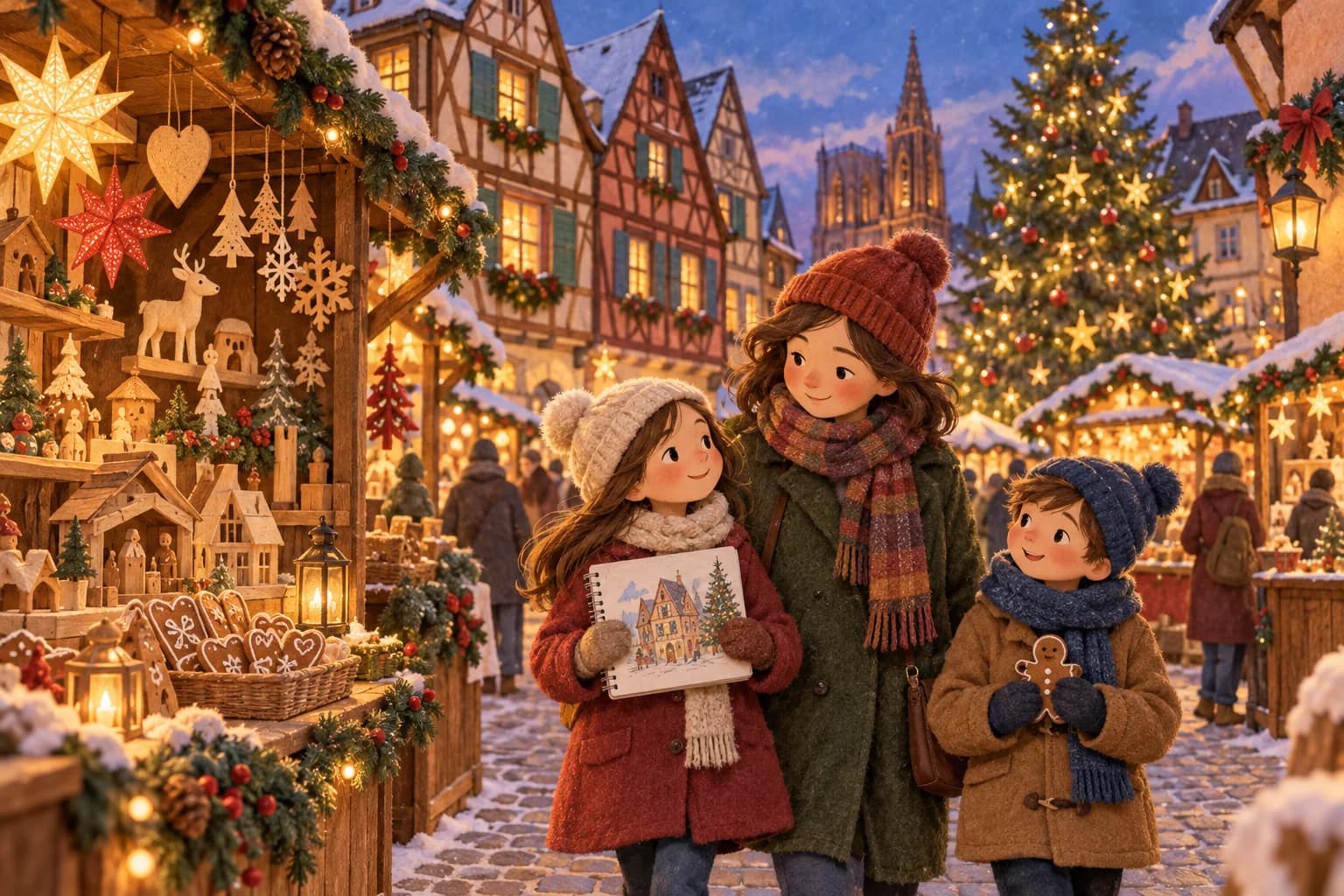 Deux enfants et un parent découvrent des chalets de Noël devant des maisons alsaciennes à colombages.