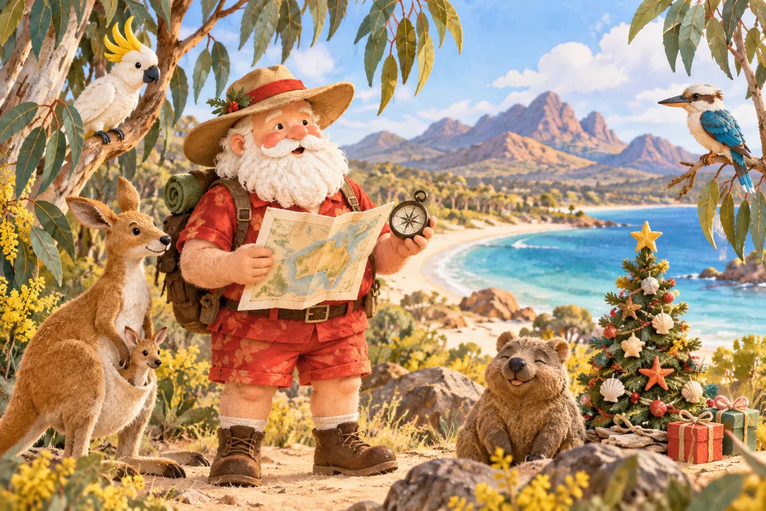 Père Noël en tenue légère devant un paysage australien ensoleillé avec un petit sapin