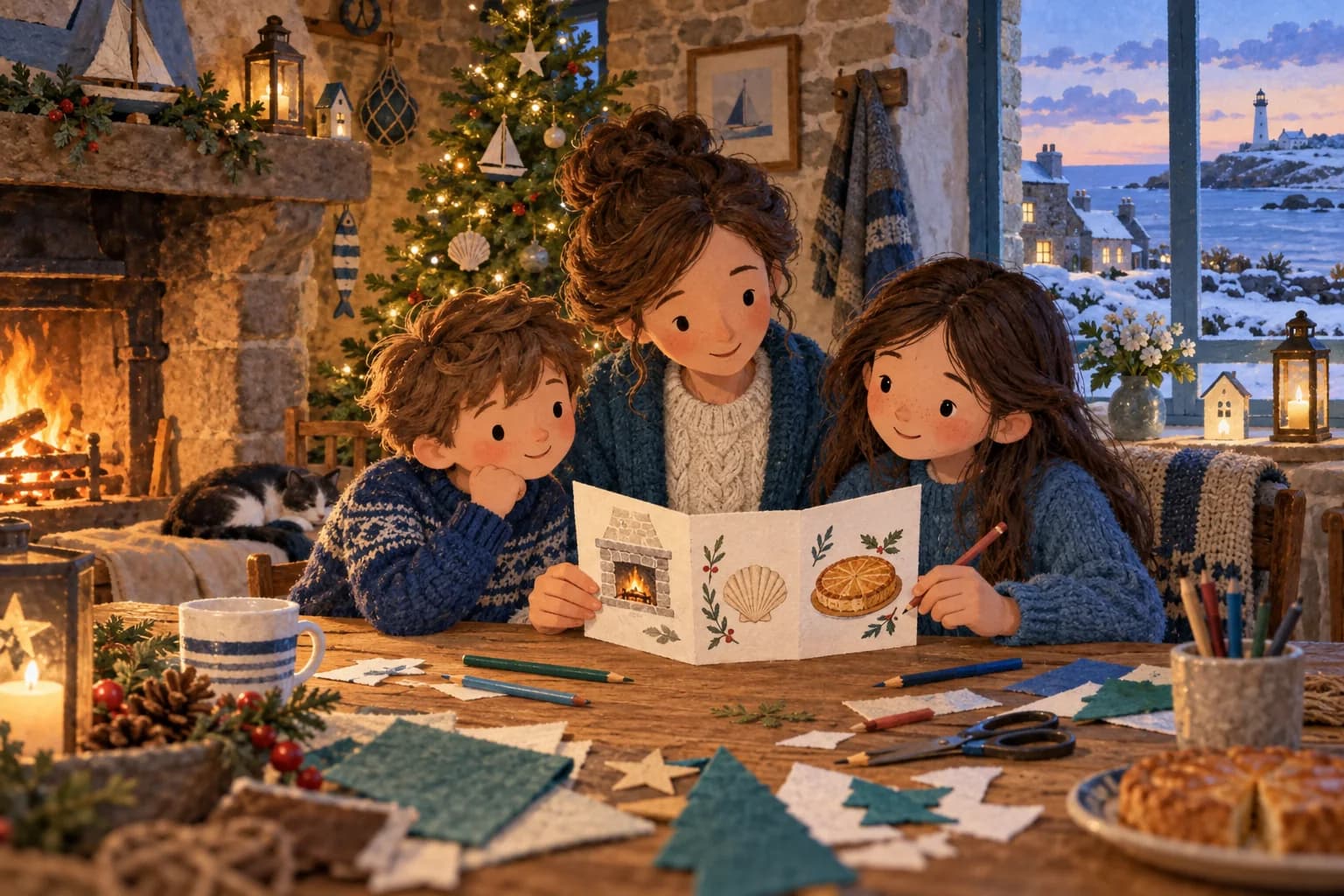 Deux enfants et un adulte créent une carte de Noël dans une maison bretonne, près d’un sapin.