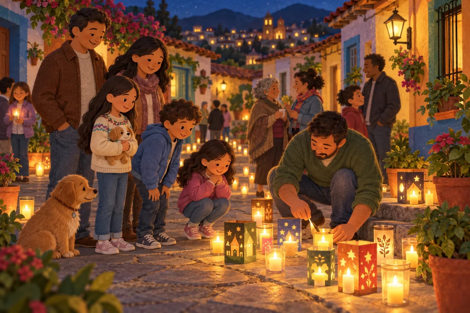En Colombie, des enfants accompagnés de leurs parents admirent les lumières des Velitas ; un adulte surveille les bougies.