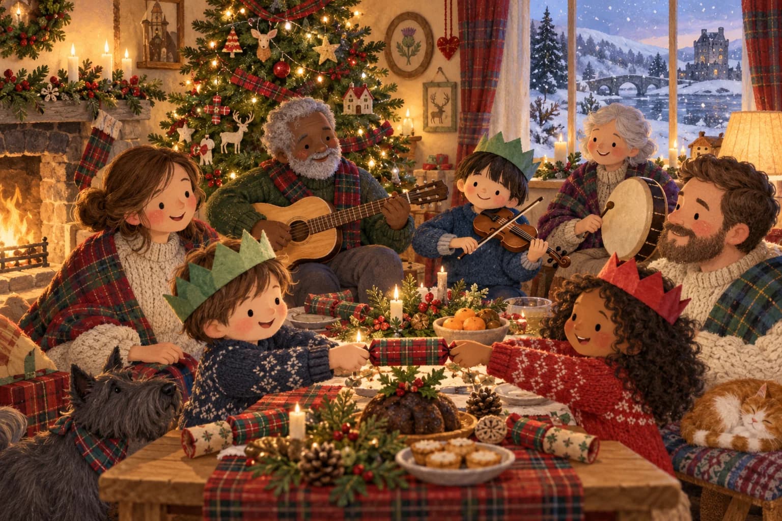 Famille écossaise réunie à Noël dans une maison décorée, avec des collines enneigées par la fenêtre