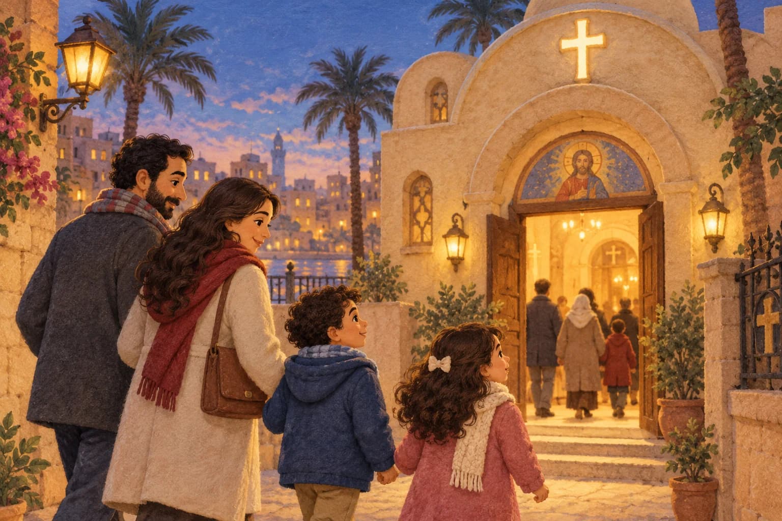 Une famille égyptienne arrive devant une église copte éclairée, un soir de janvier.