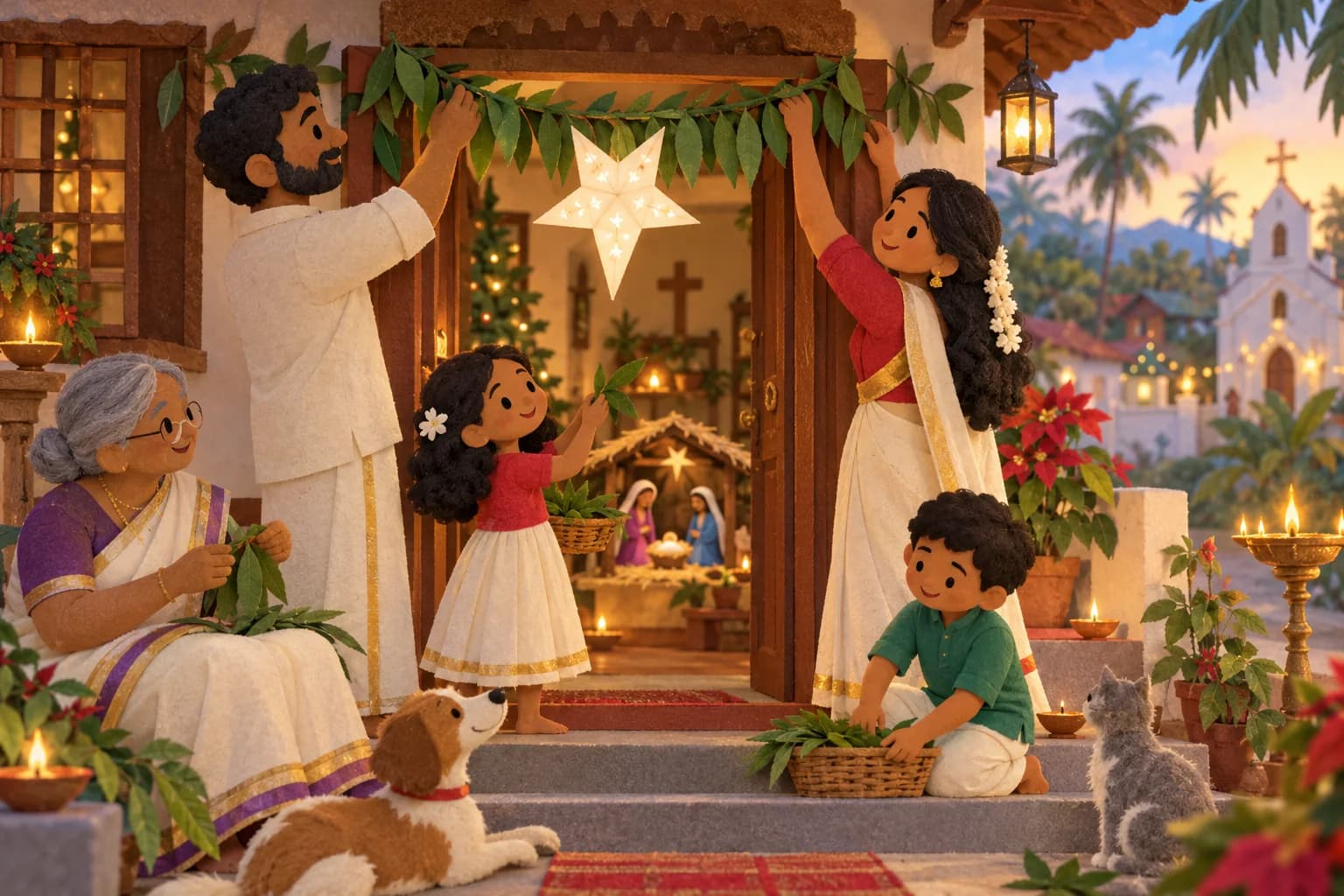 Famille indienne décorant une porte avec une guirlande de feuilles de manguier pour Noël