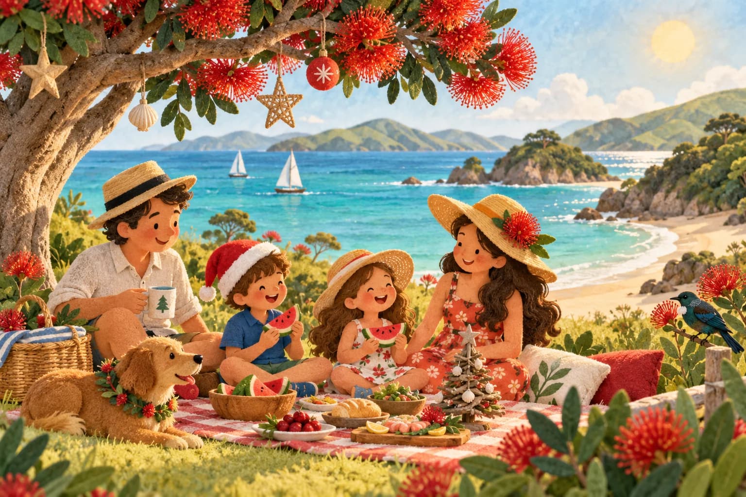 Famille fêtant Noël près de la mer en Nouvelle-Zélande pendant l’été