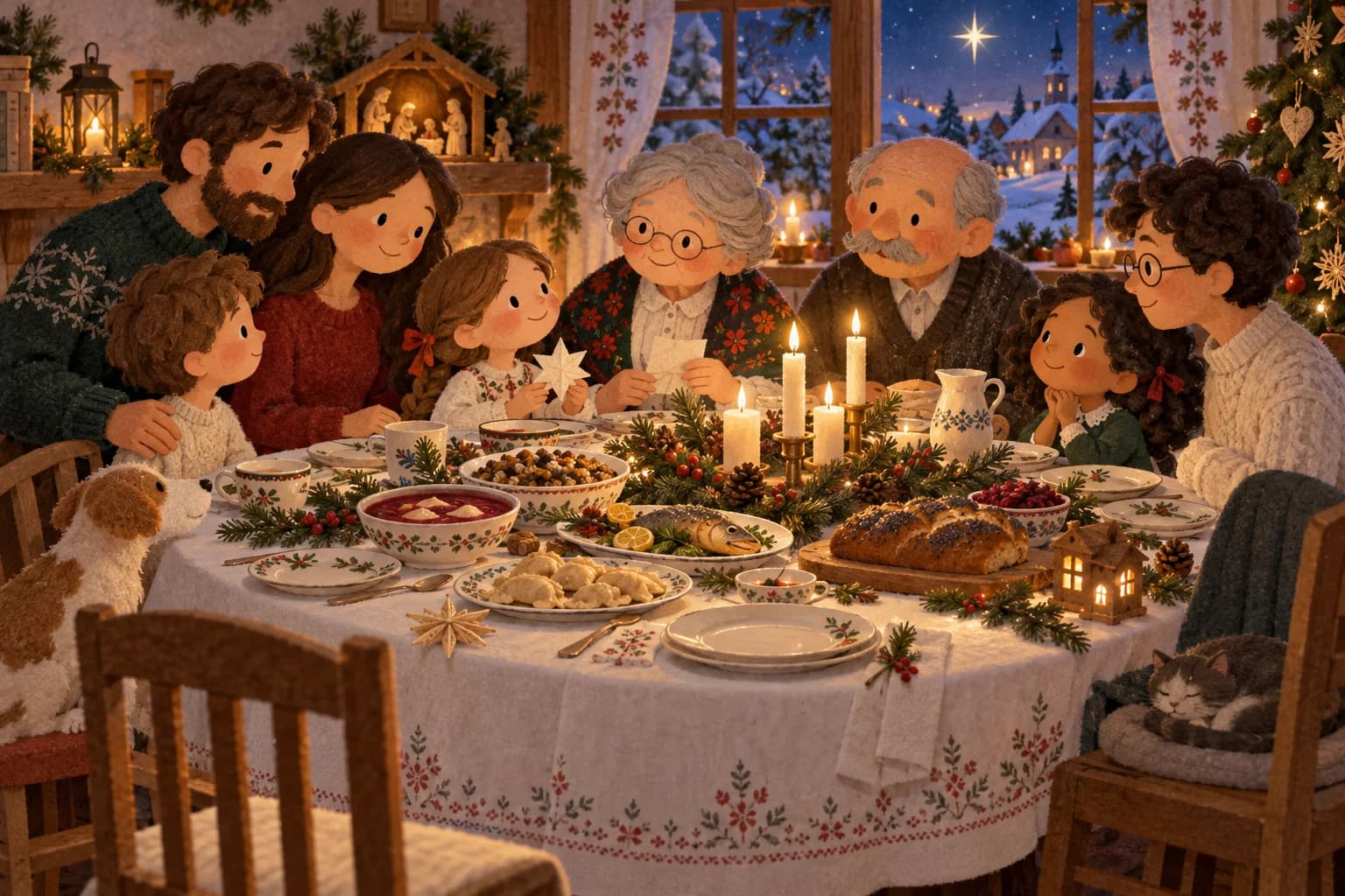 Famille réunie autour d'une table polonaise tandis qu'une première étoile brille à la fenêtre
