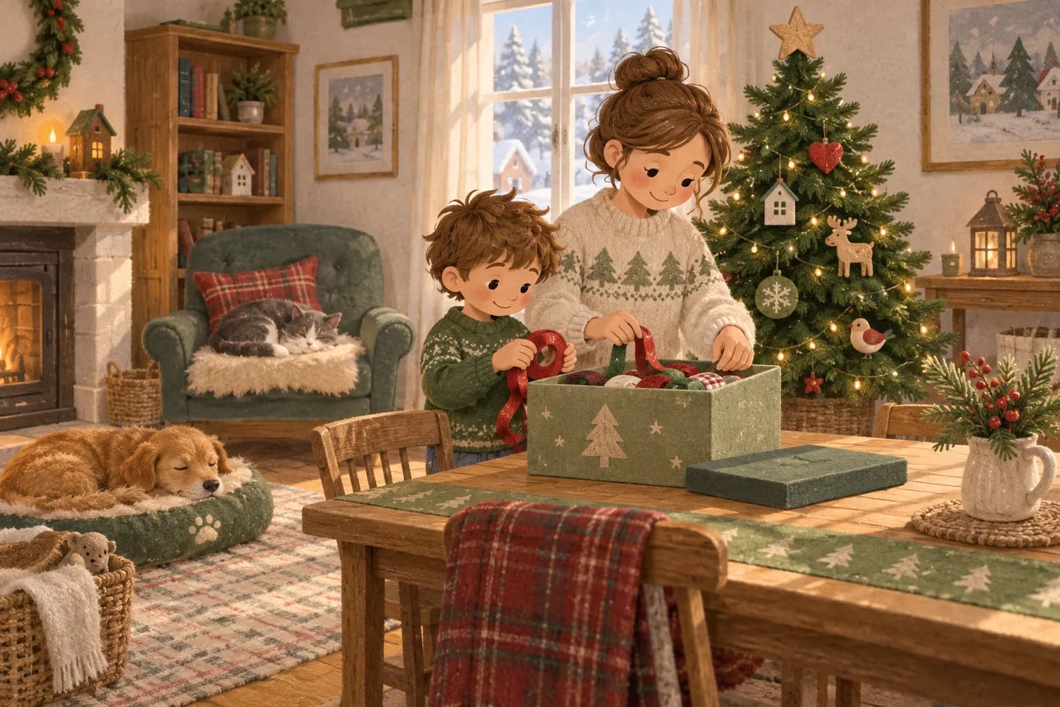 Un parent et un enfant rangent les rubans de Noël tandis qu’un chat et un chien se reposent à l’écart du sapin.
