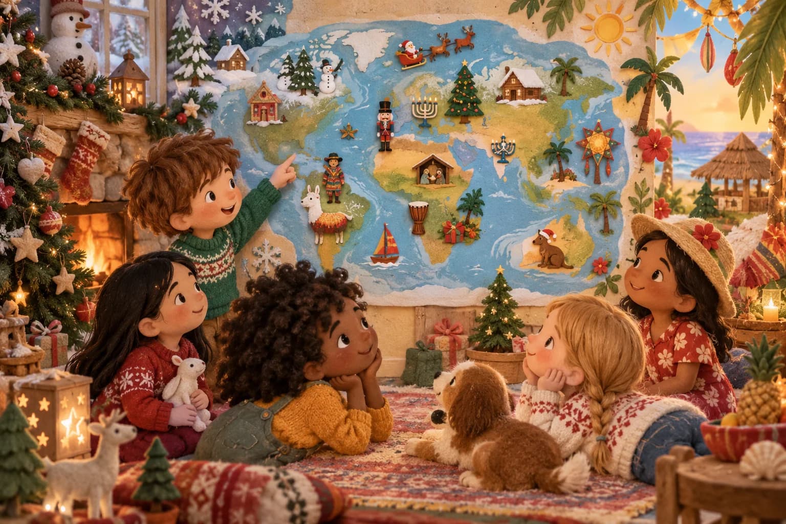Des enfants observent une carte du monde entourée de décorations de Noël différentes