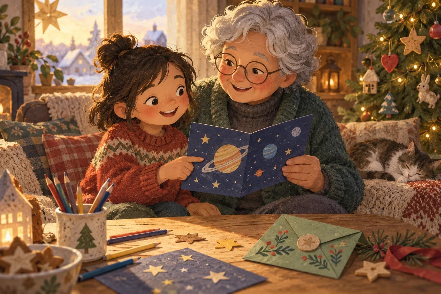 Un enfant et un grand-parent ouvrent près du sapin une carte illustrée annonçant une sortie au planétarium.