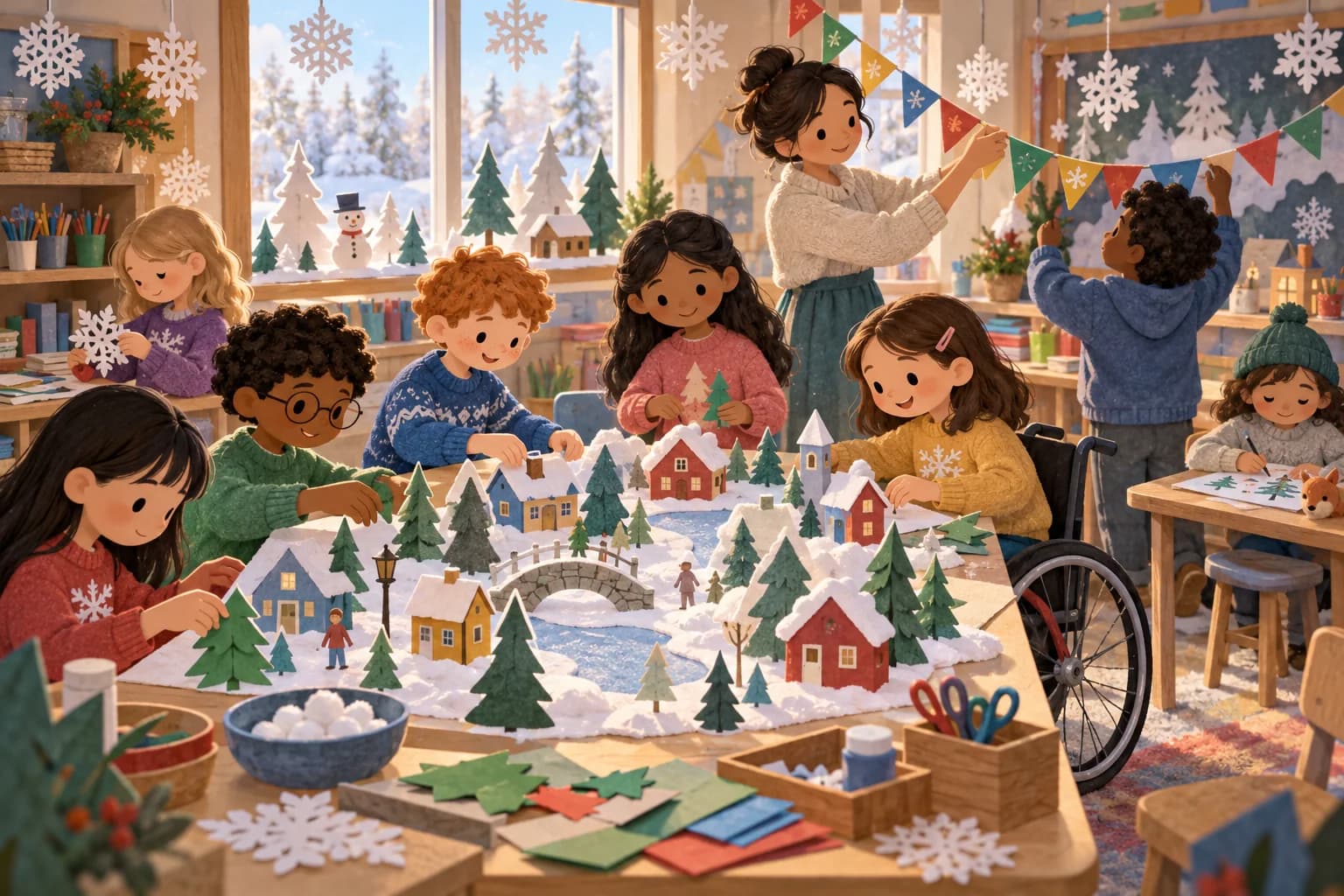 Des élèves et leur enseignante fabriquent ensemble un village d’hiver en papier dans une classe décorée pour Noël.