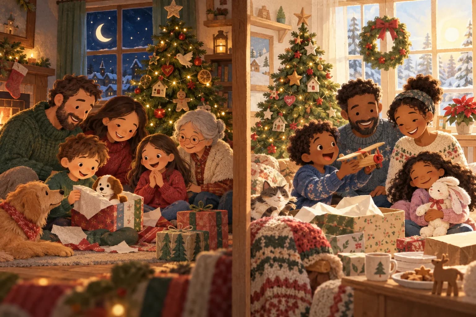 Deux familles ouvrent leurs cadeaux près du sapin, l’une le soir et l’autre au matin.