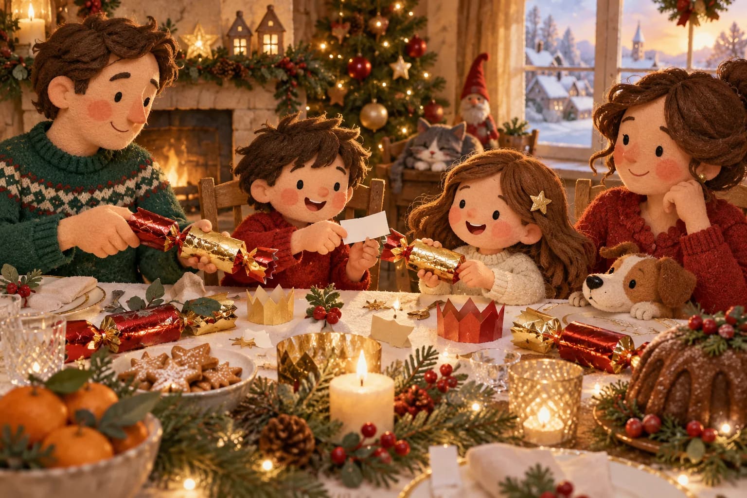 Table de Noël décorée avec des papillotes colorées et des petits messages