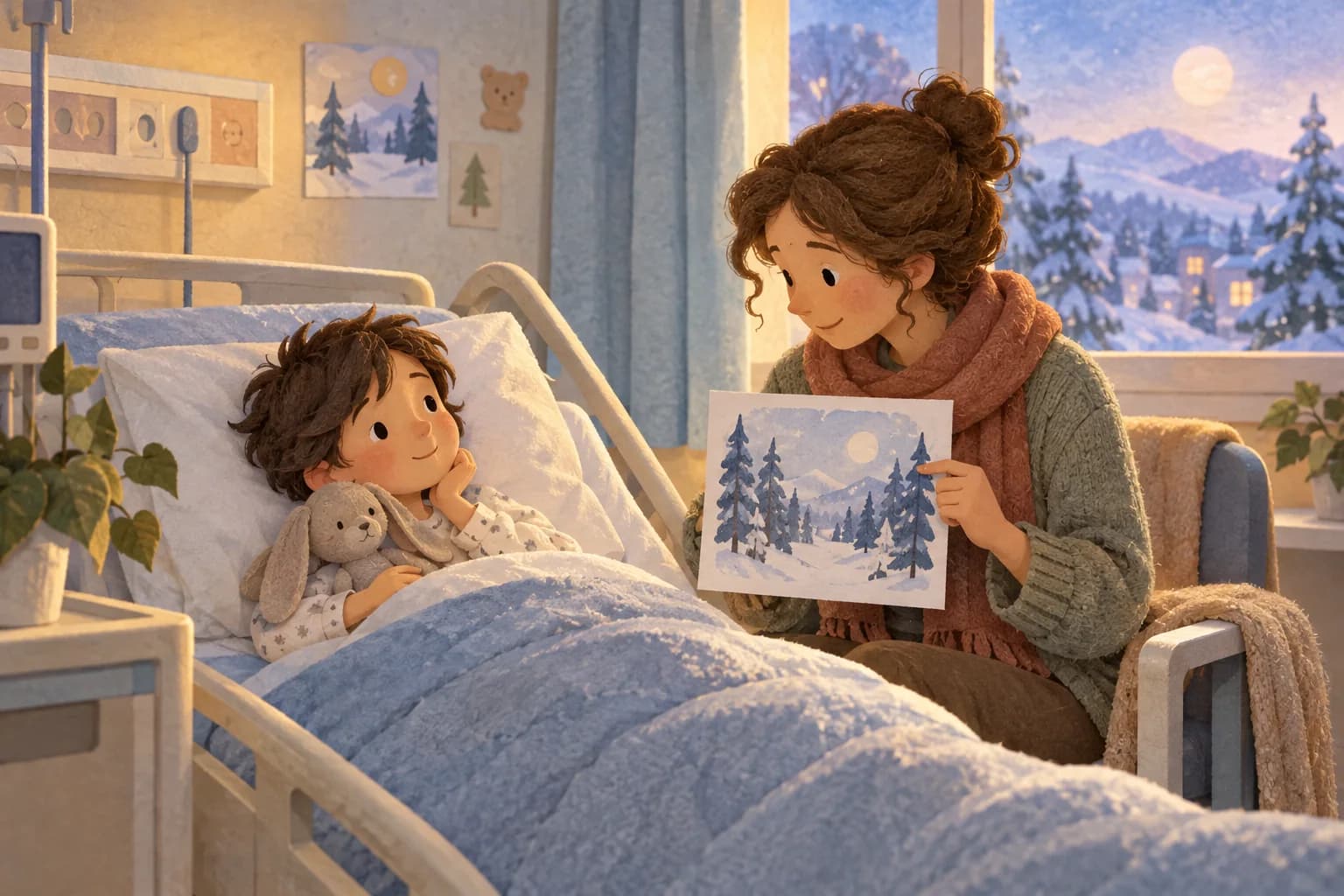 Un enfant et son parent partagent une histoire et un dessin de forêt dans une chambre d’hôpital.