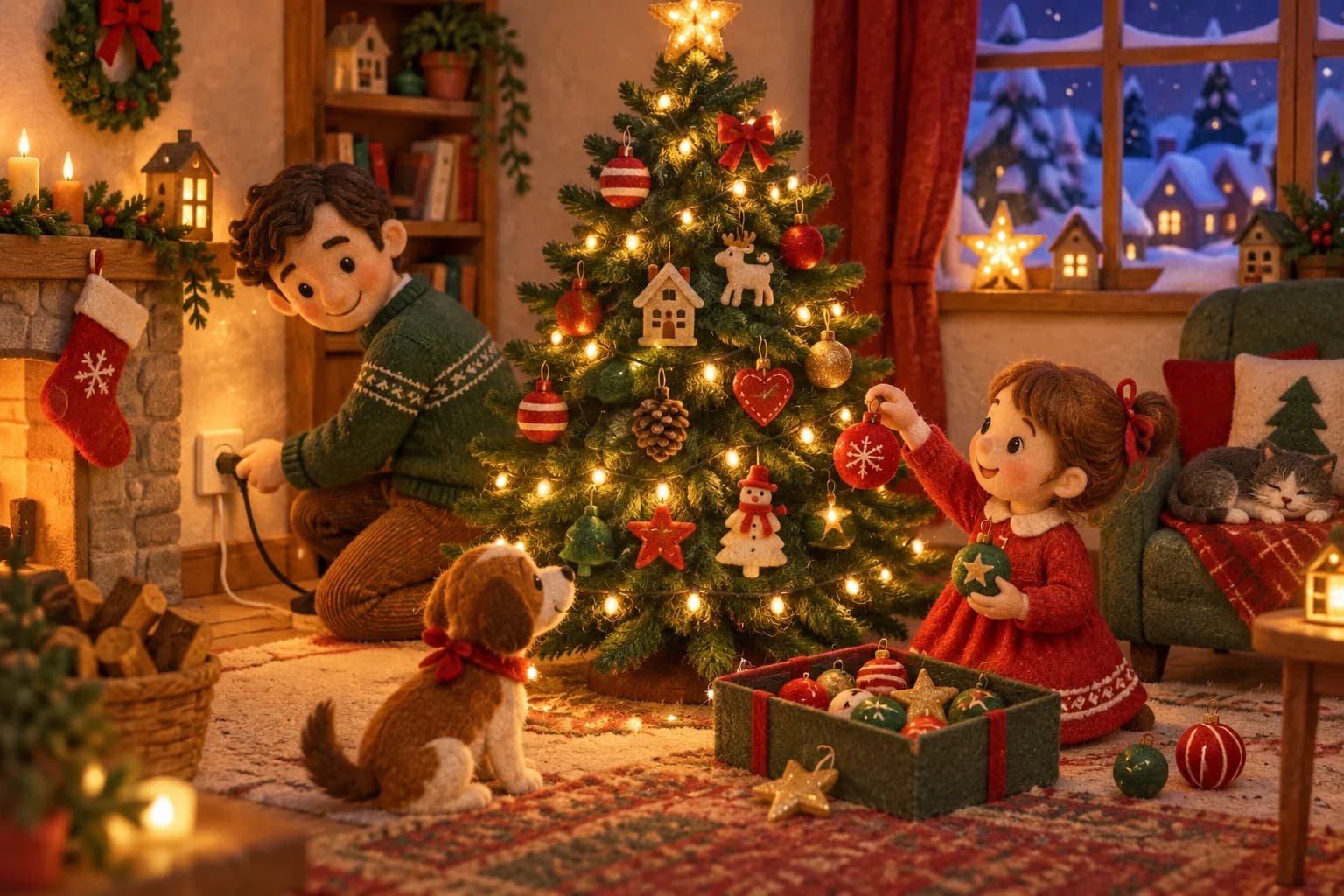 Un adulte et un enfant décorent un sapin avec une guirlande électrique lumineuse