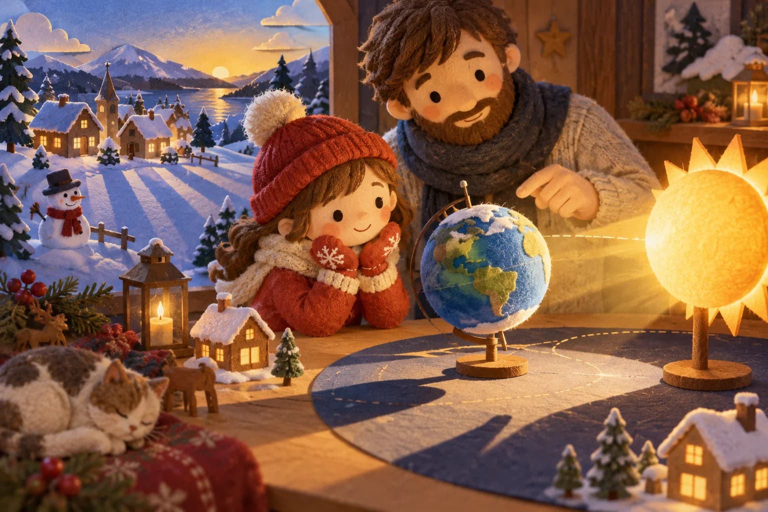 Un enfant observe la Terre et le Soleil avec un adulte pendant une journée d’hiver