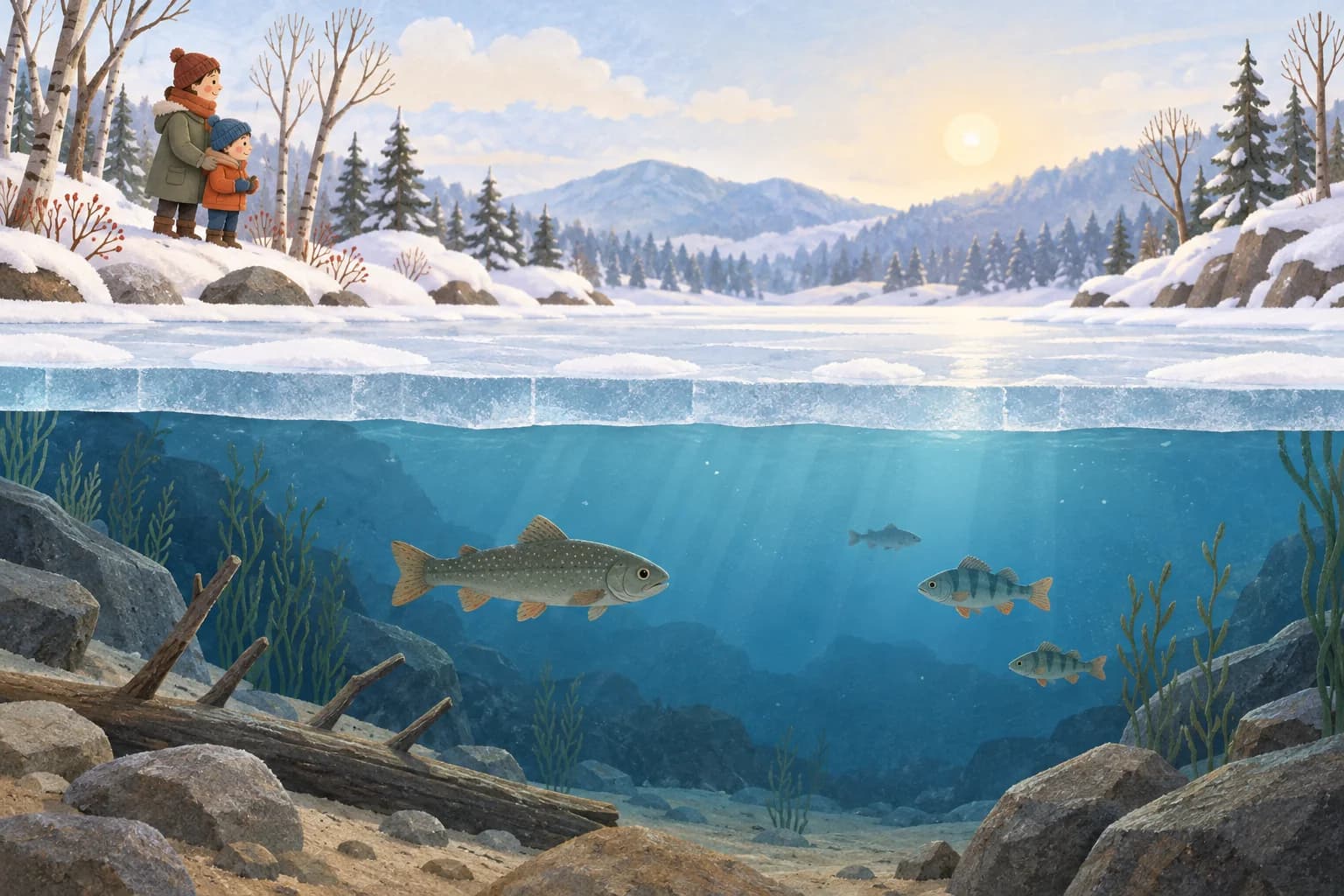Vue en coupe d’un lac gelé en surface, avec des poissons dans l’eau liquide et une famille sur la rive.