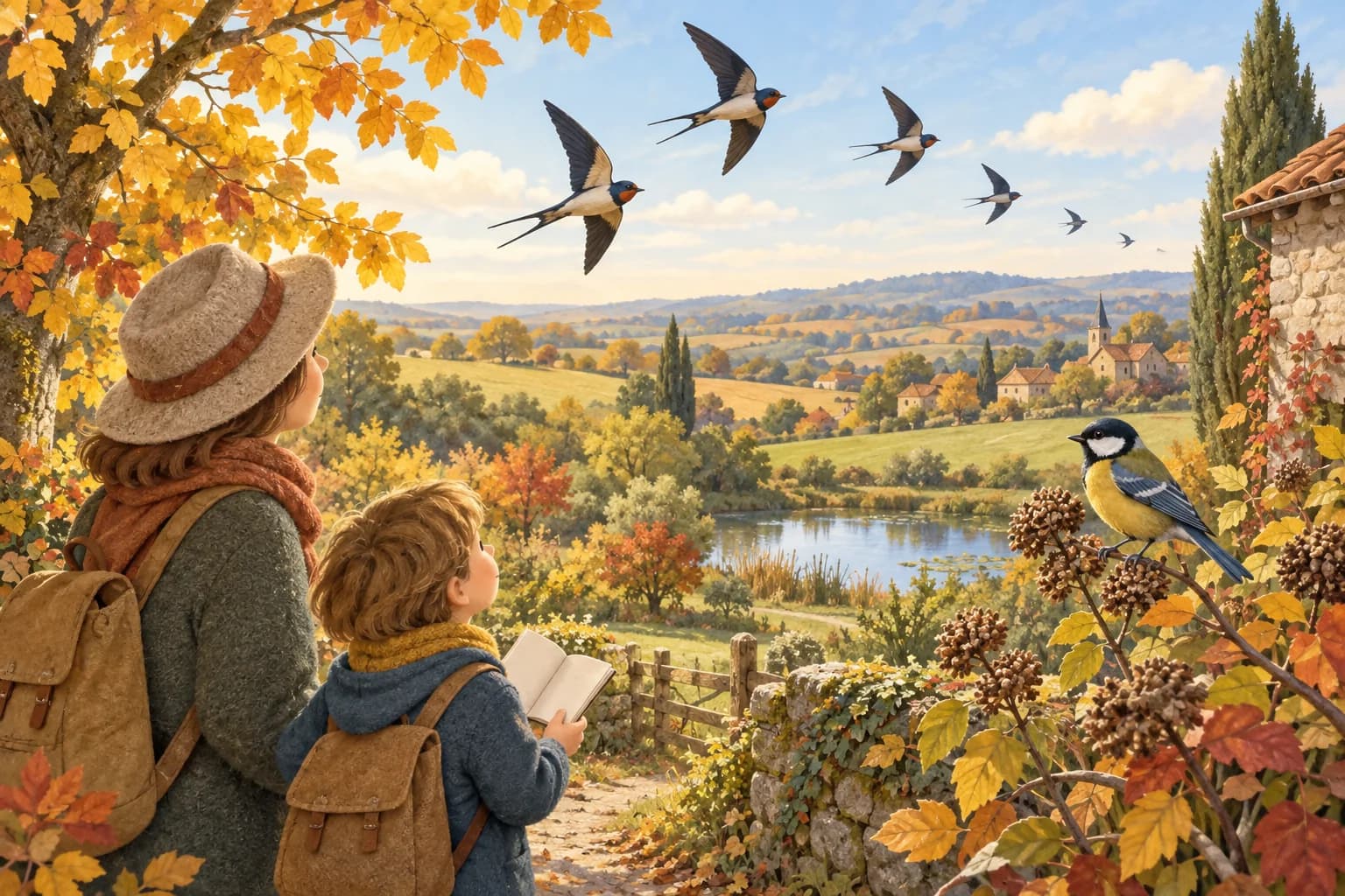 Un enfant et un adulte observent des hirondelles en vol et une mésange dans un paysage d’automne.