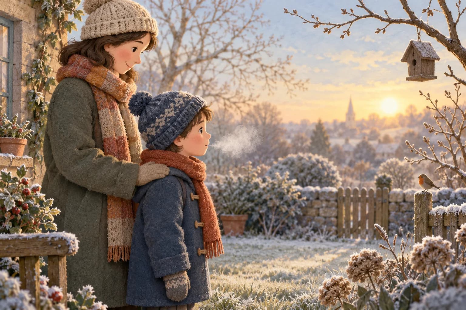 Un enfant accompagné d’un parent observe le petit nuage blanc de son souffle dans un jardin en hiver.