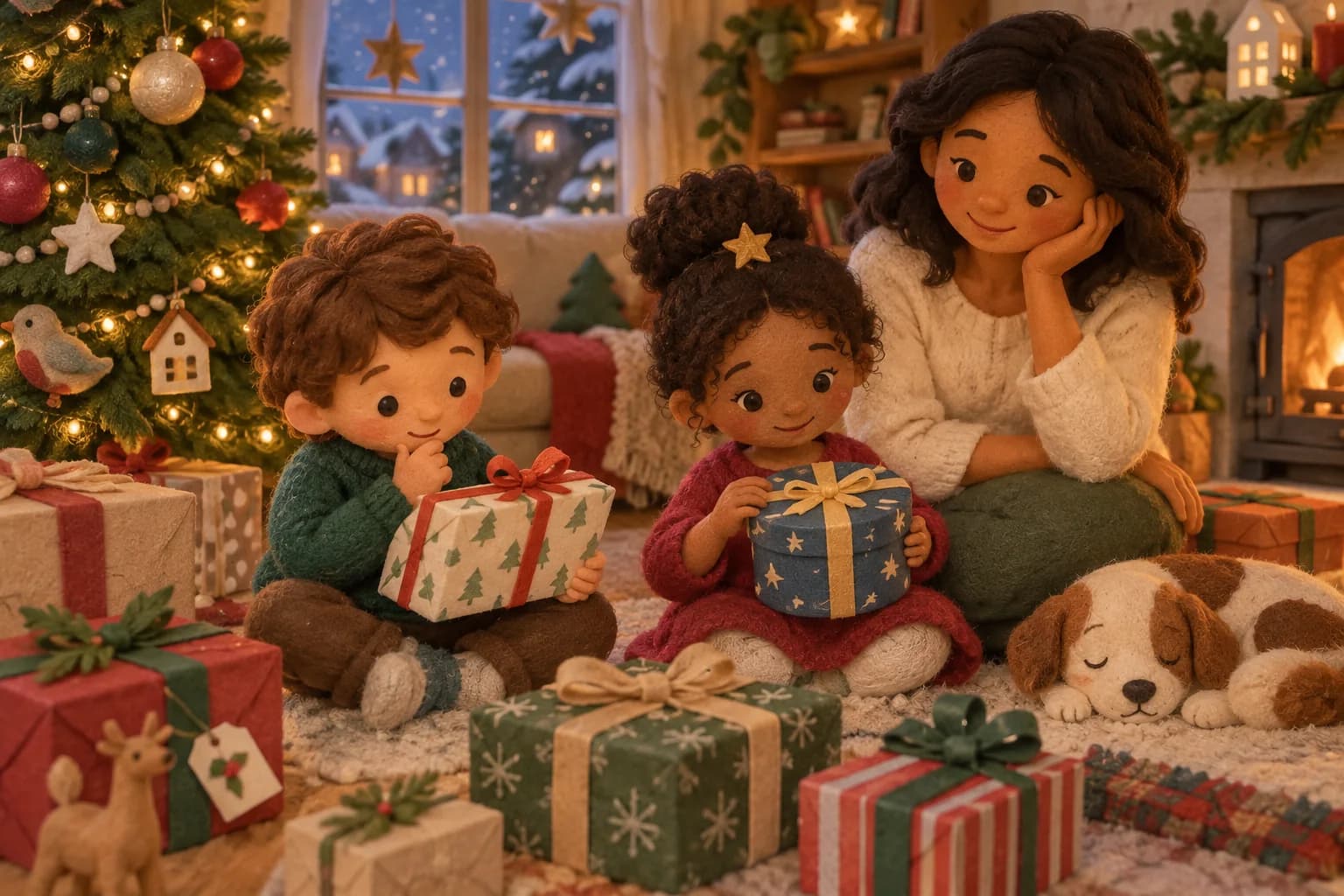Deux enfants observent des cadeaux différents près d’un sapin avec un parent qui les écoute