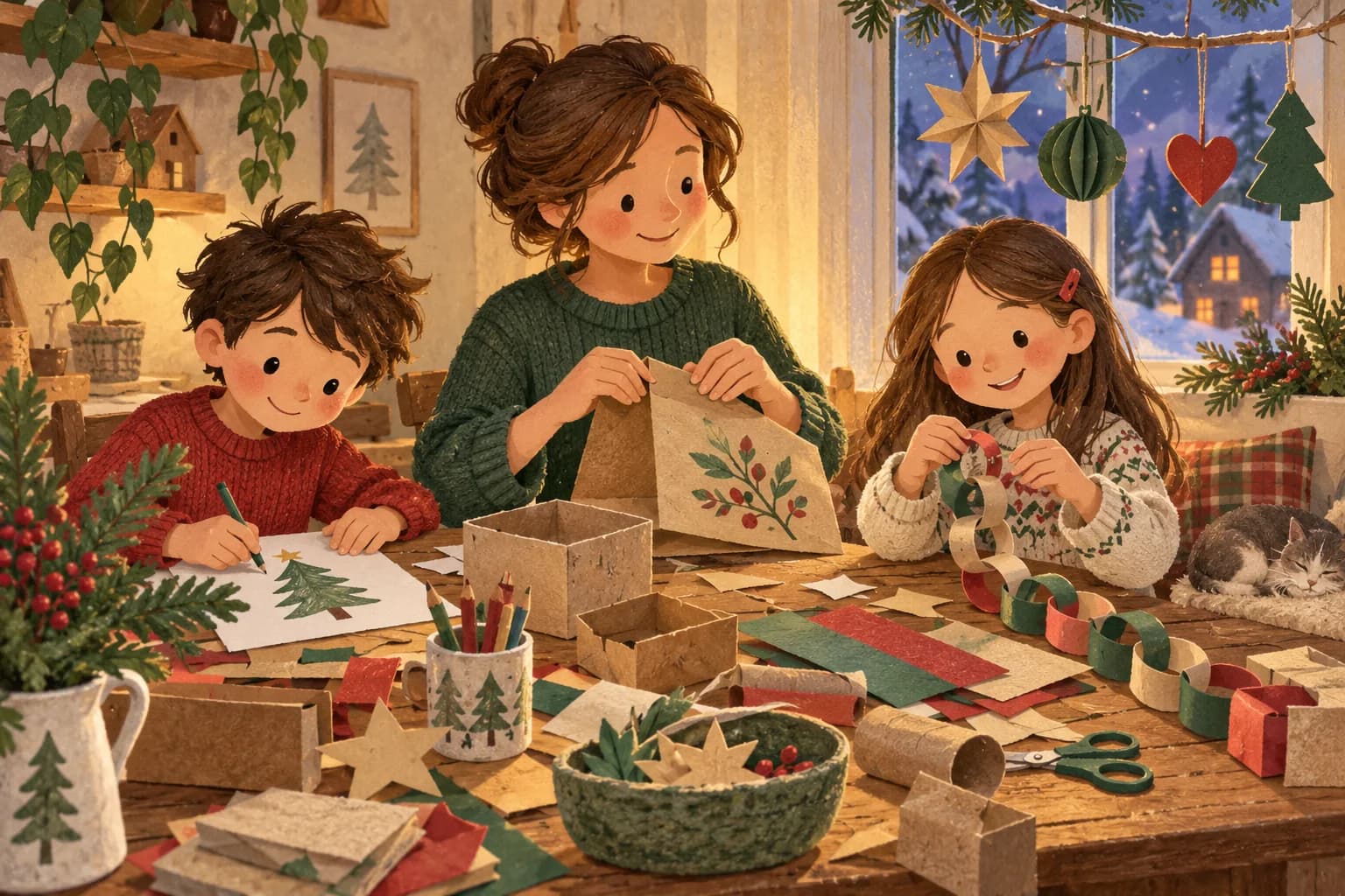 Un parent et deux enfants fabriquent des décorations de Noël et préparent des emballages avec du papier réutilisé.