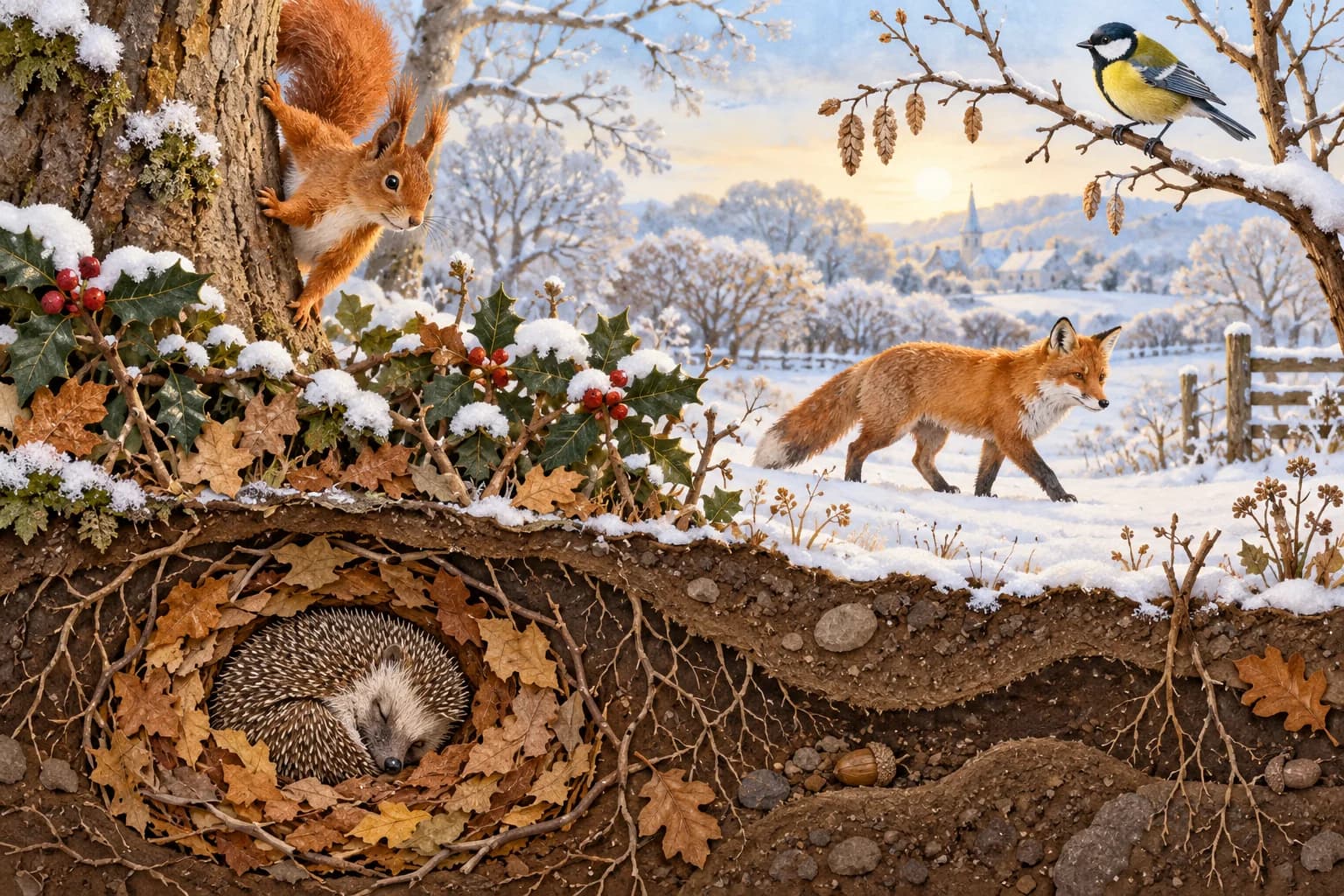 Un hérisson hiberne dans un nid de feuilles tandis qu’un écureuil, un renard et une mésange restent actifs dans le paysage enneigé.