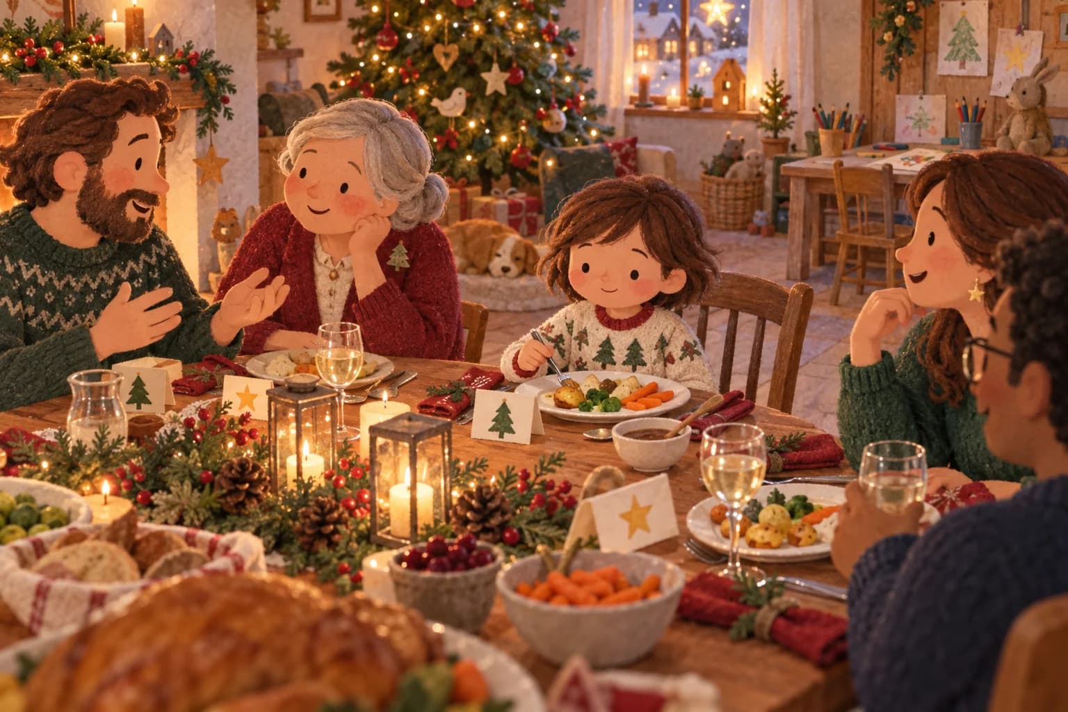 Un enfant et sa famille partagent un repas de Noël détendu autour d’une table décorée.