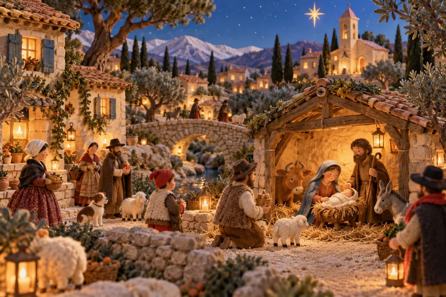 Crèche provençale avec santons, maisons, animaux et villageois