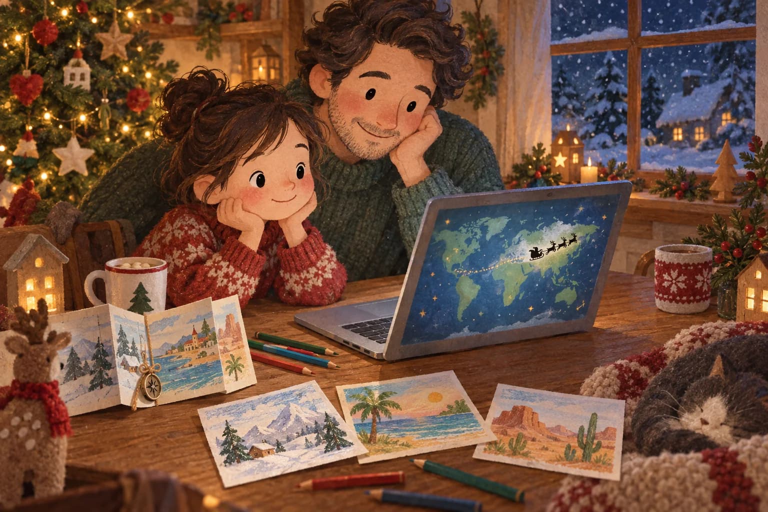 Un enfant et un parent observent une carte de Noël sur un ordinateur, près d’un carnet de voyage dessiné.