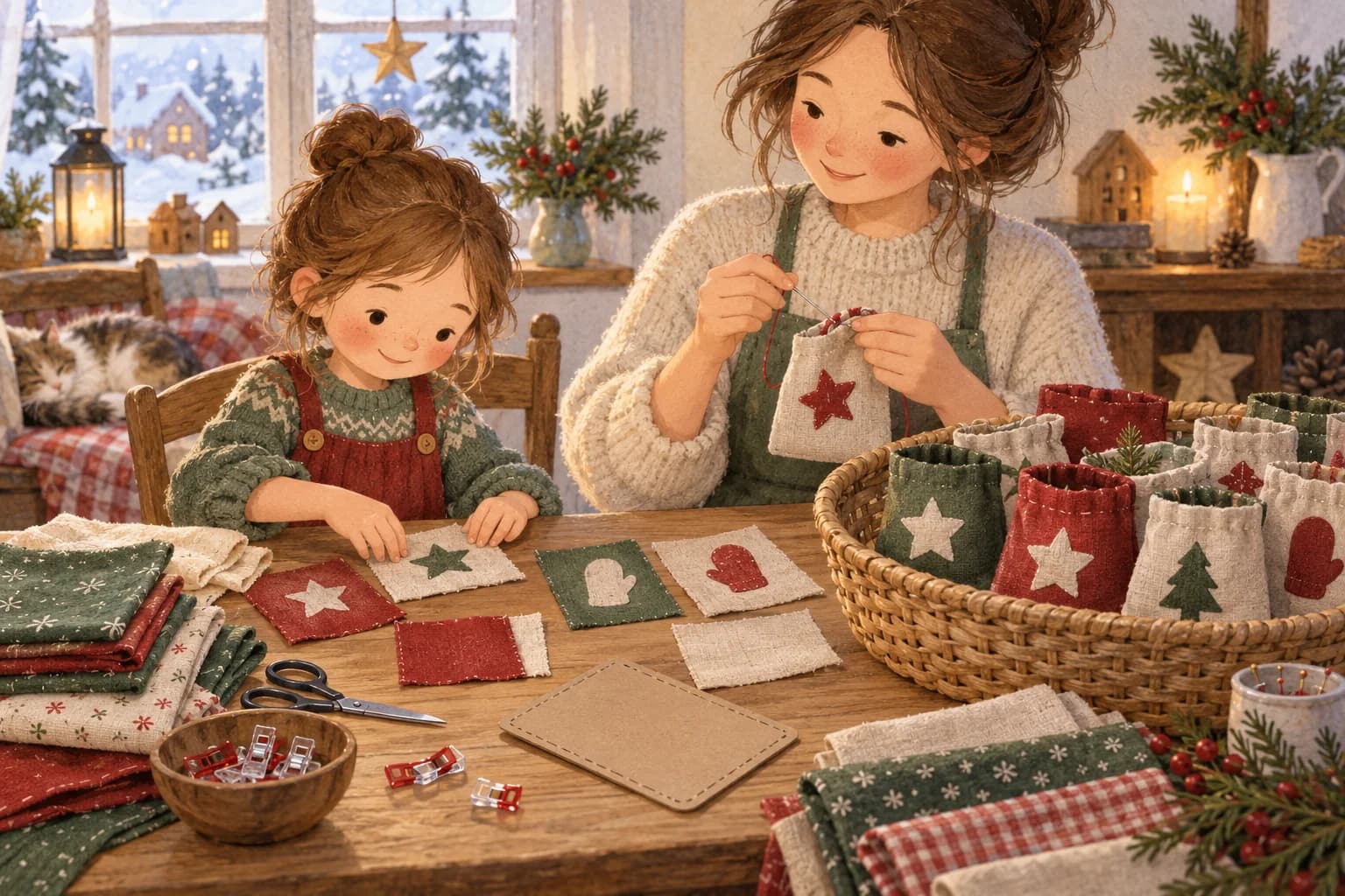 Un parent et un enfant fabriquent des pochettes en tissu pour un calendrier de l'Avent présenté dans un panier.