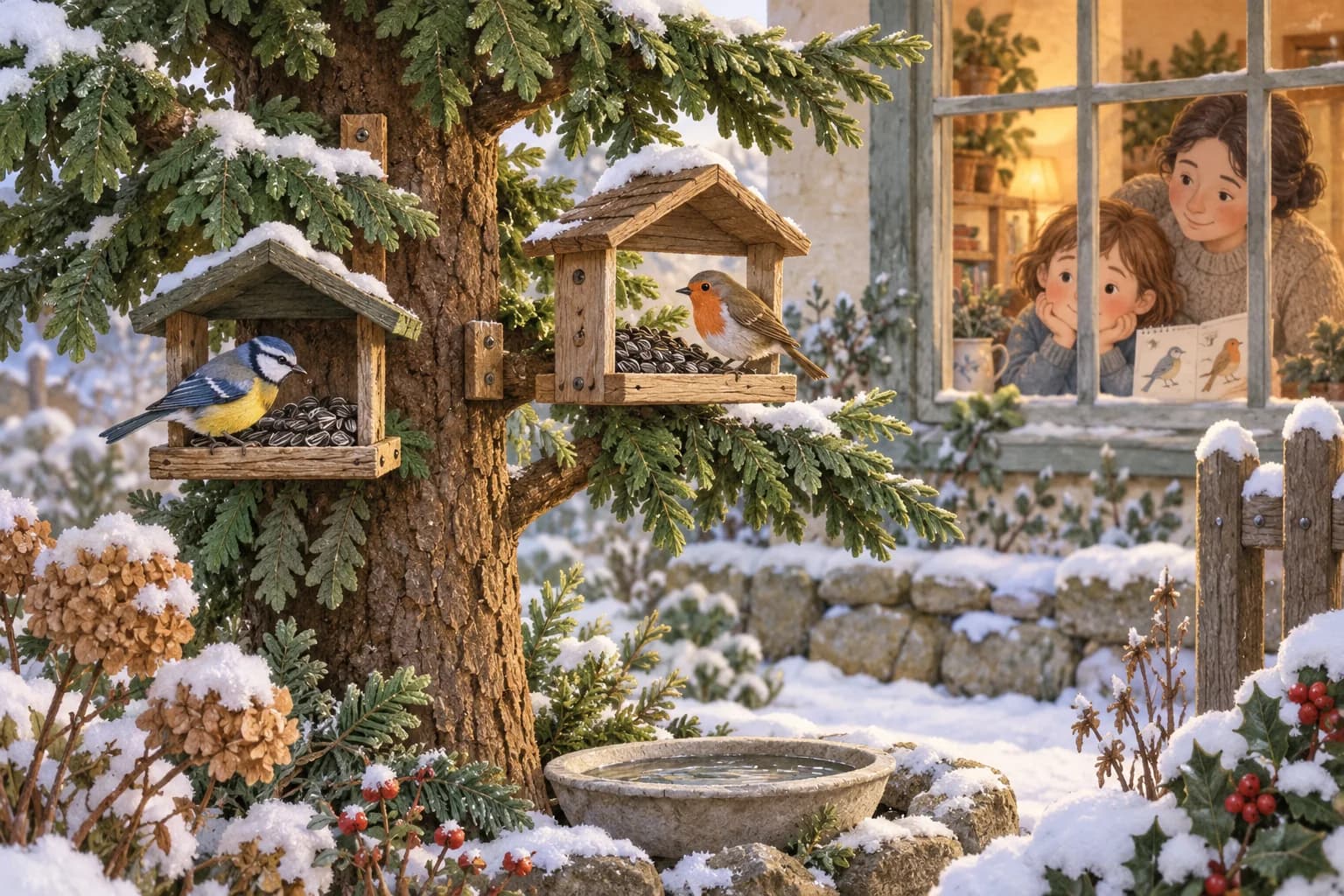 Un enfant et un parent observent depuis la maison des oiseaux autour de deux mangeoires fixées dans un petit sapin.
