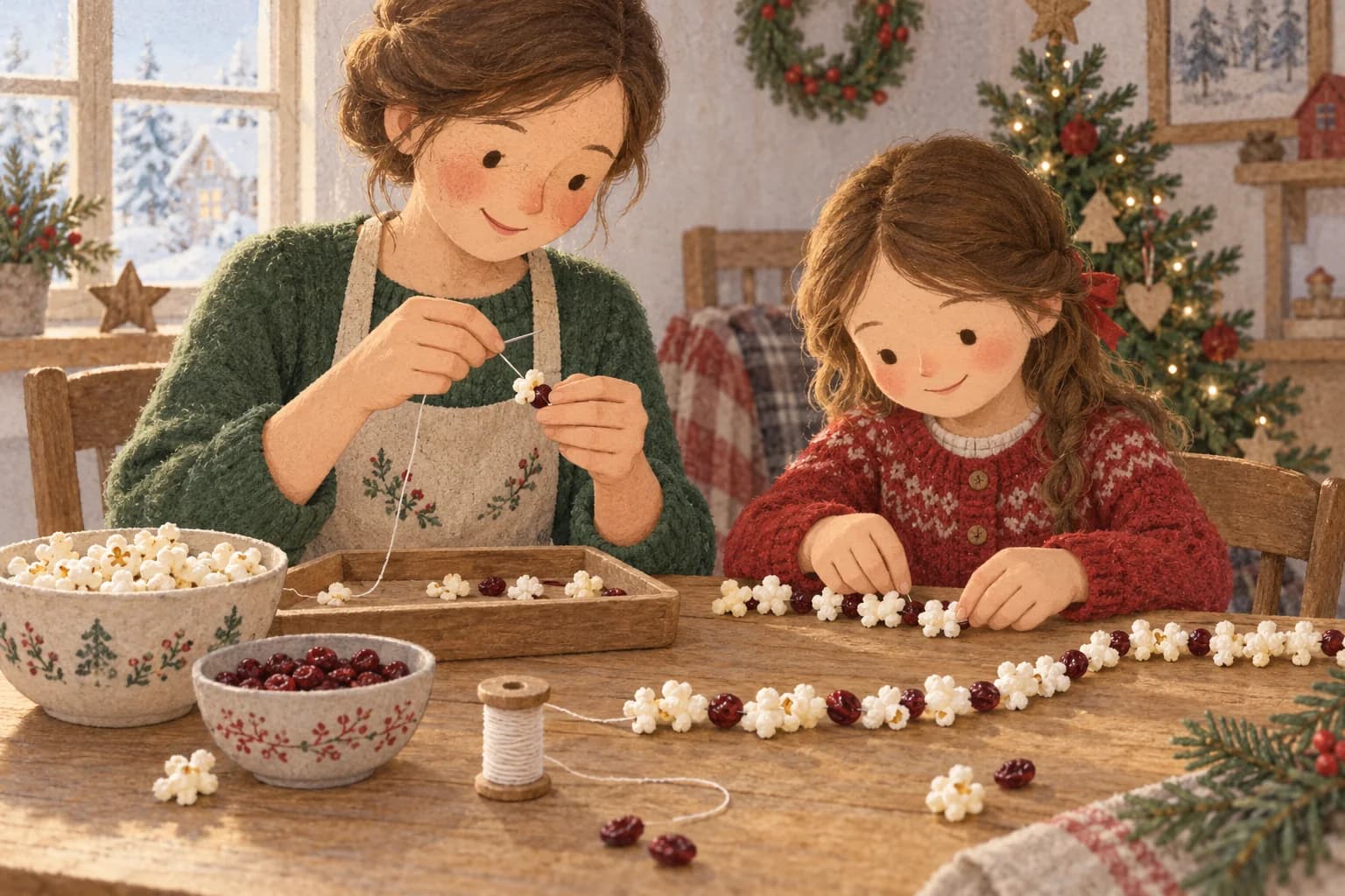 Un enfant prépare un motif de popcorn et de canneberges séchées pendant qu’un adulte les enfile sur une courte guirlande.
