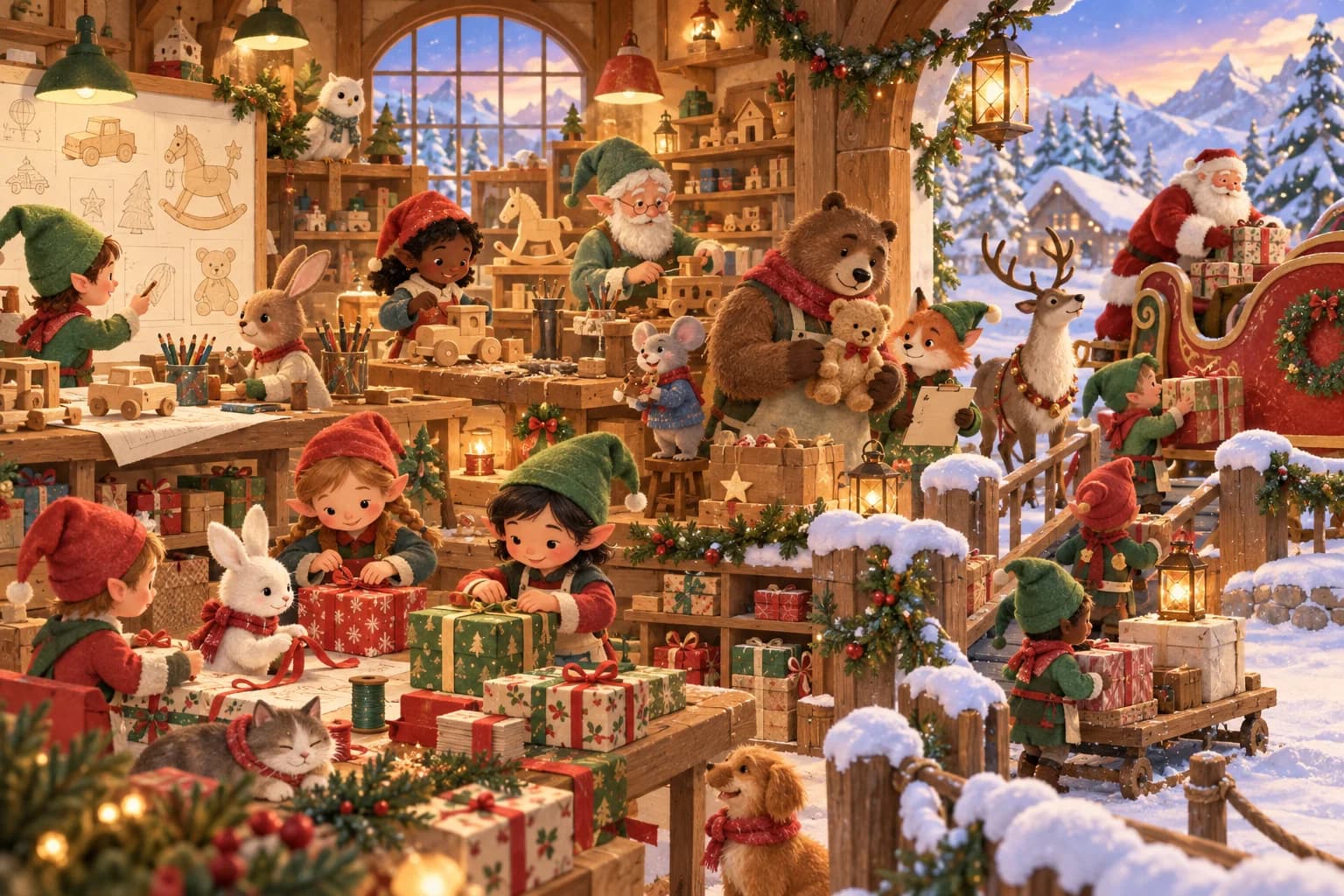Atelier imaginaire du Père Noël organisé en plusieurs espaces avec des personnages qui fabriquent et emballent des cadeaux