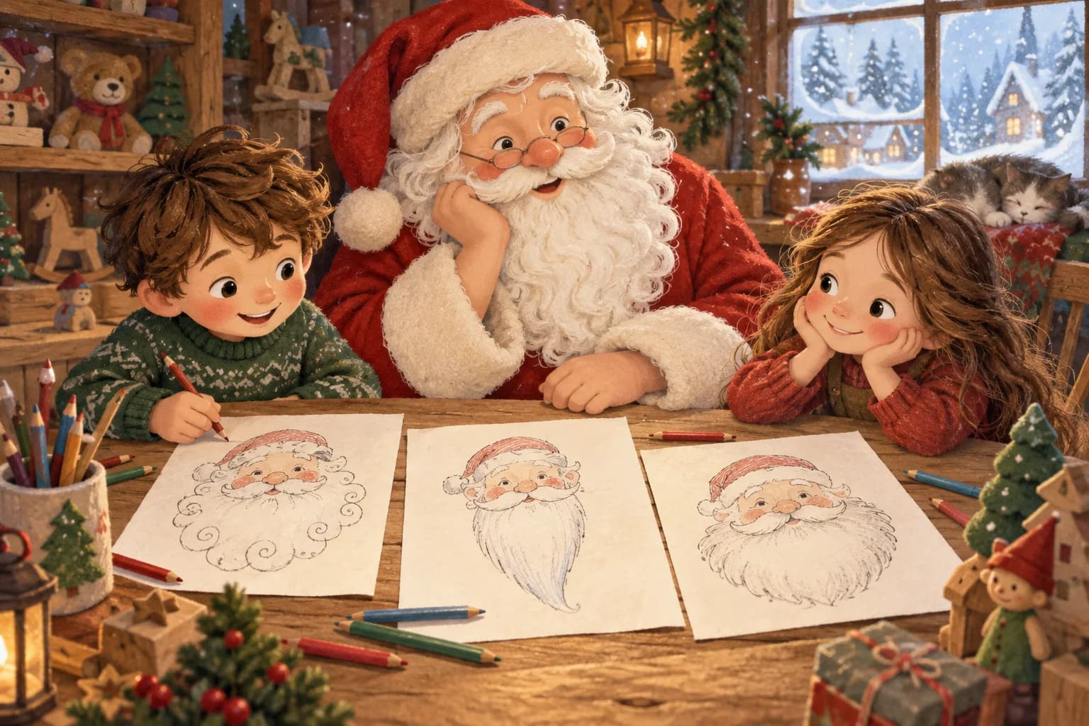Le Père Noël et deux enfants dessinent différentes formes de barbes autour d’une table.