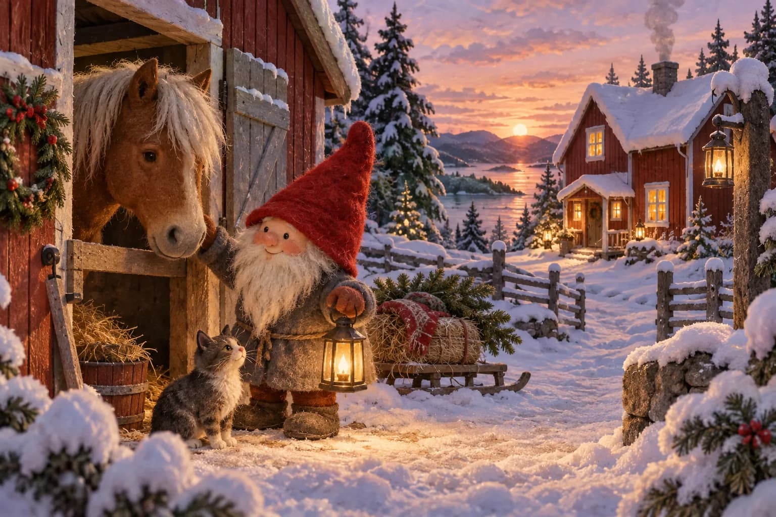 Un petit lutin scandinave près d’une ferme enneigée à Noël