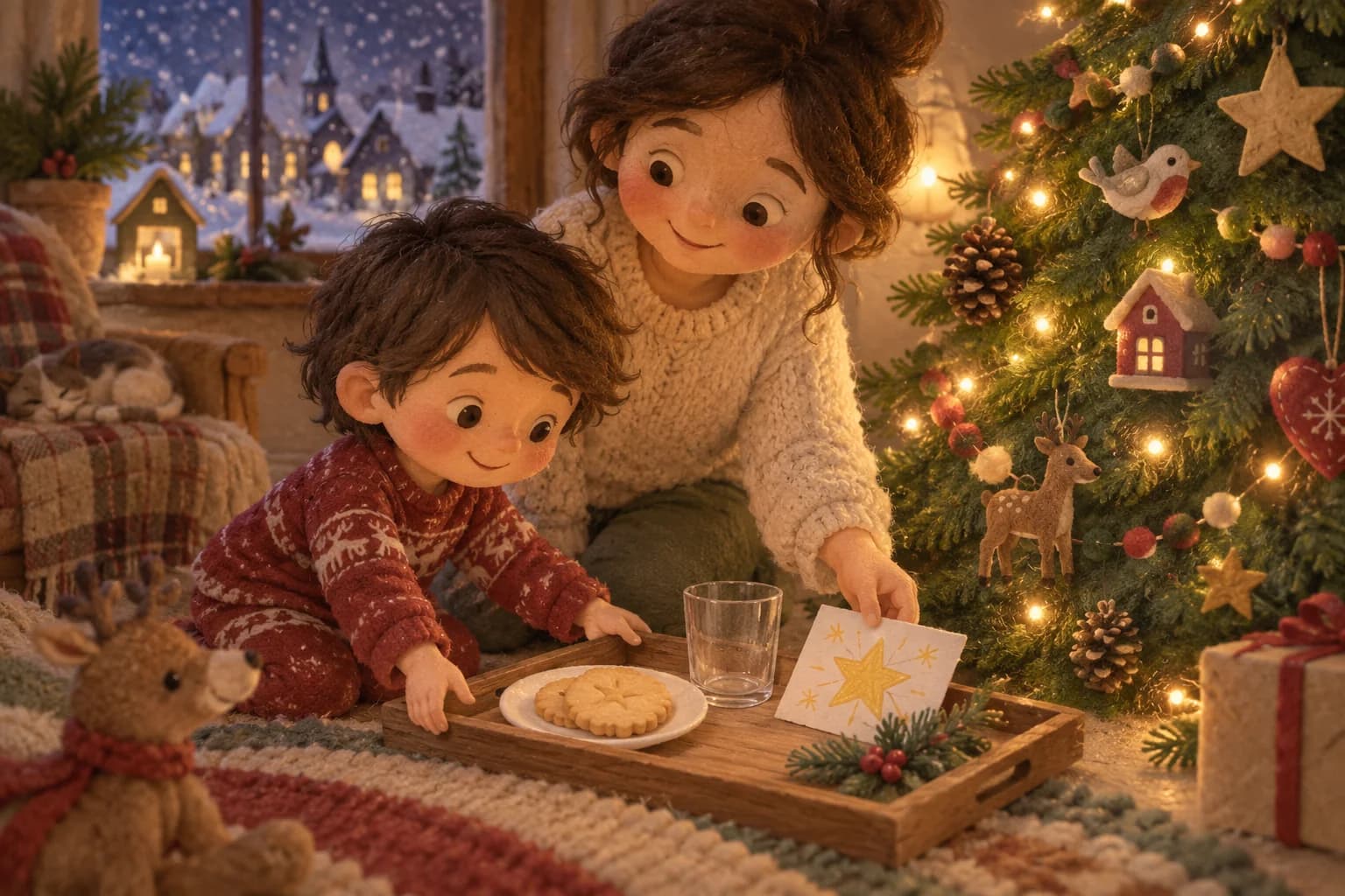 Un enfant et un parent préparent une assiette de biscuits et un verre vide près du sapin de Noël.