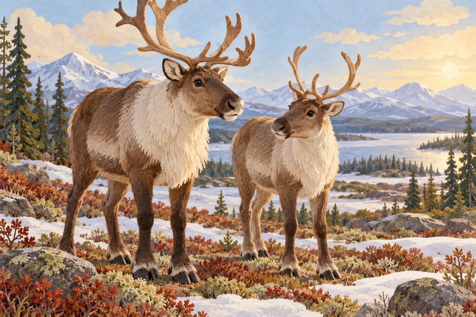 Un renne et un caribou aux pelages légèrement différents, côte à côte dans un paysage du Grand Nord.