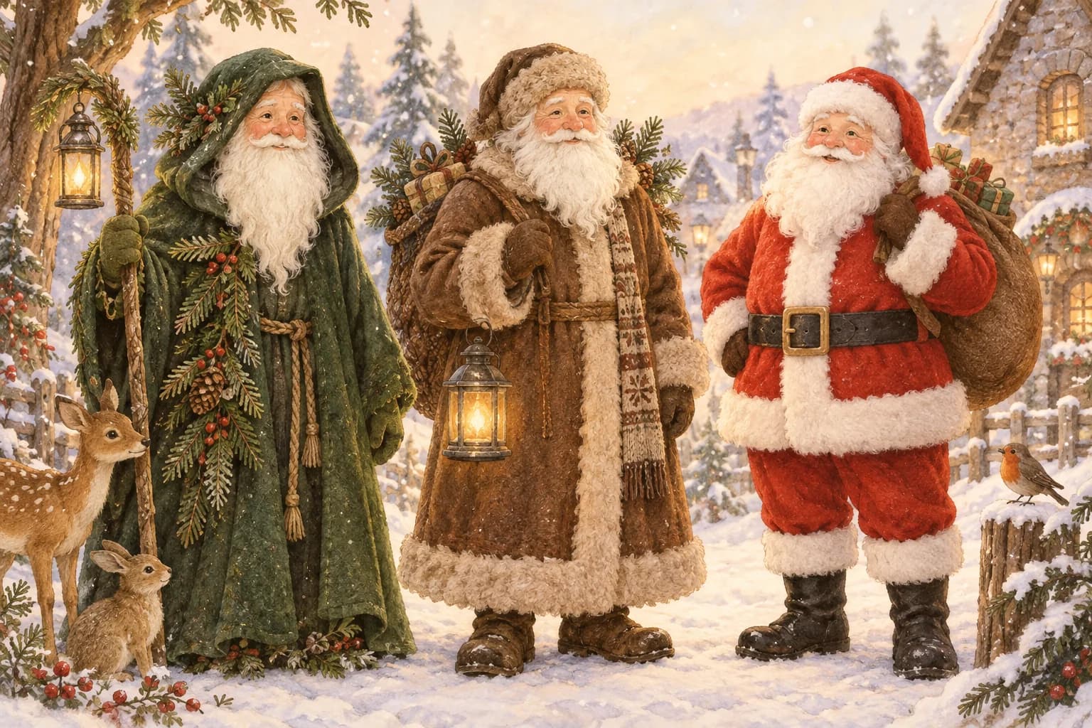 Trois représentations du Père Noël, en manteau vert, en manteau brun et en costume rouge bordé de blanc.