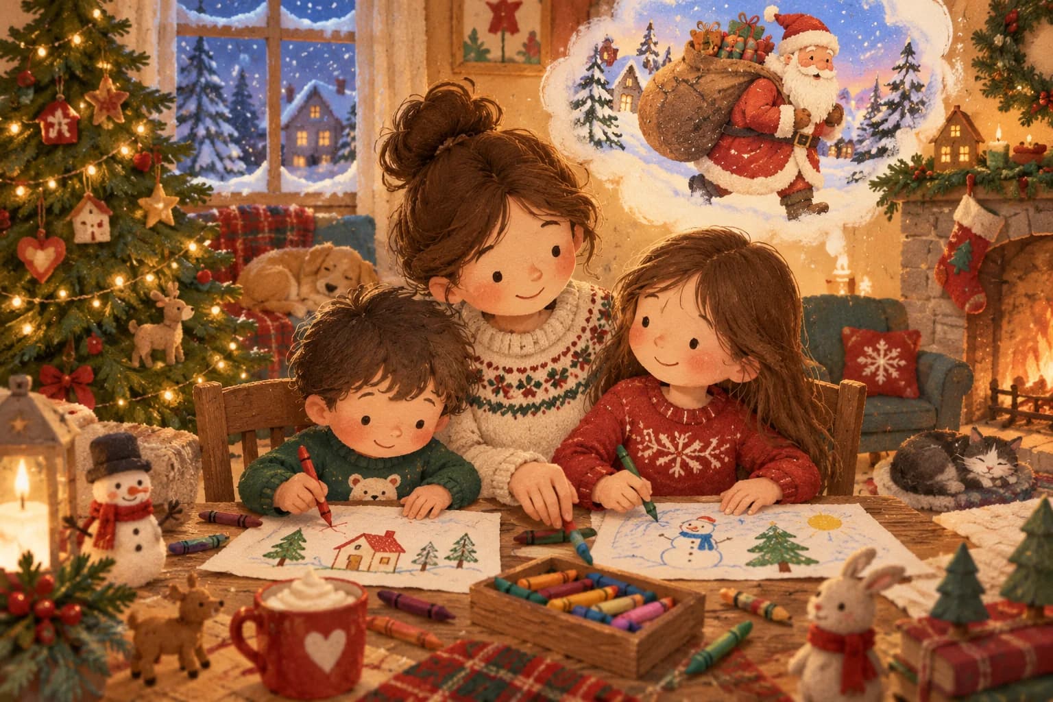 Un parent et deux enfants dessinent ensemble près du sapin, avec une évocation du Père Noël dans leur imagination.