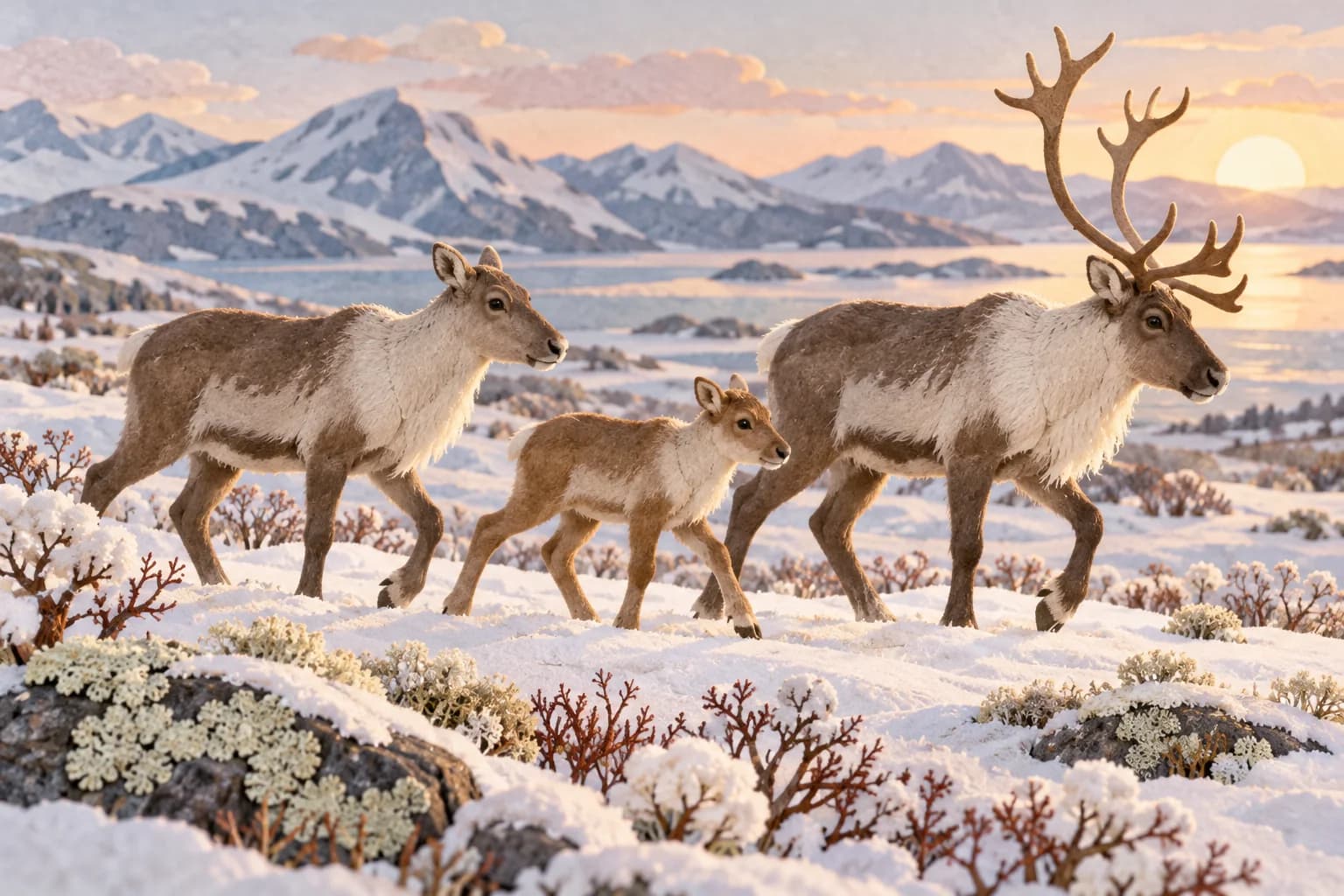 Un groupe de vrais rennes marche dans un paysage enneigé du Grand Nord.