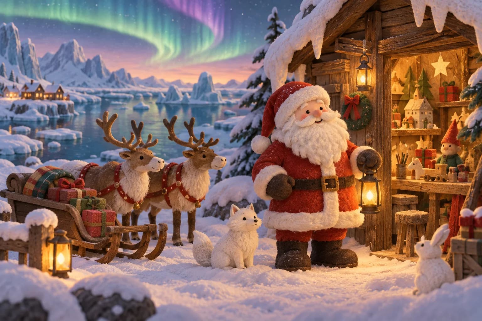 Le Père Noël devant son atelier enneigé sous les lumières du nord