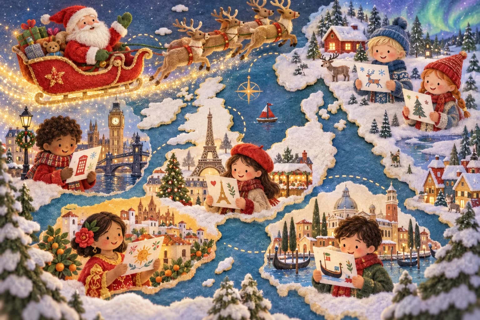Illustration d’un personnage de Noël voyageant au-dessus d’une carte du monde avec des enfants