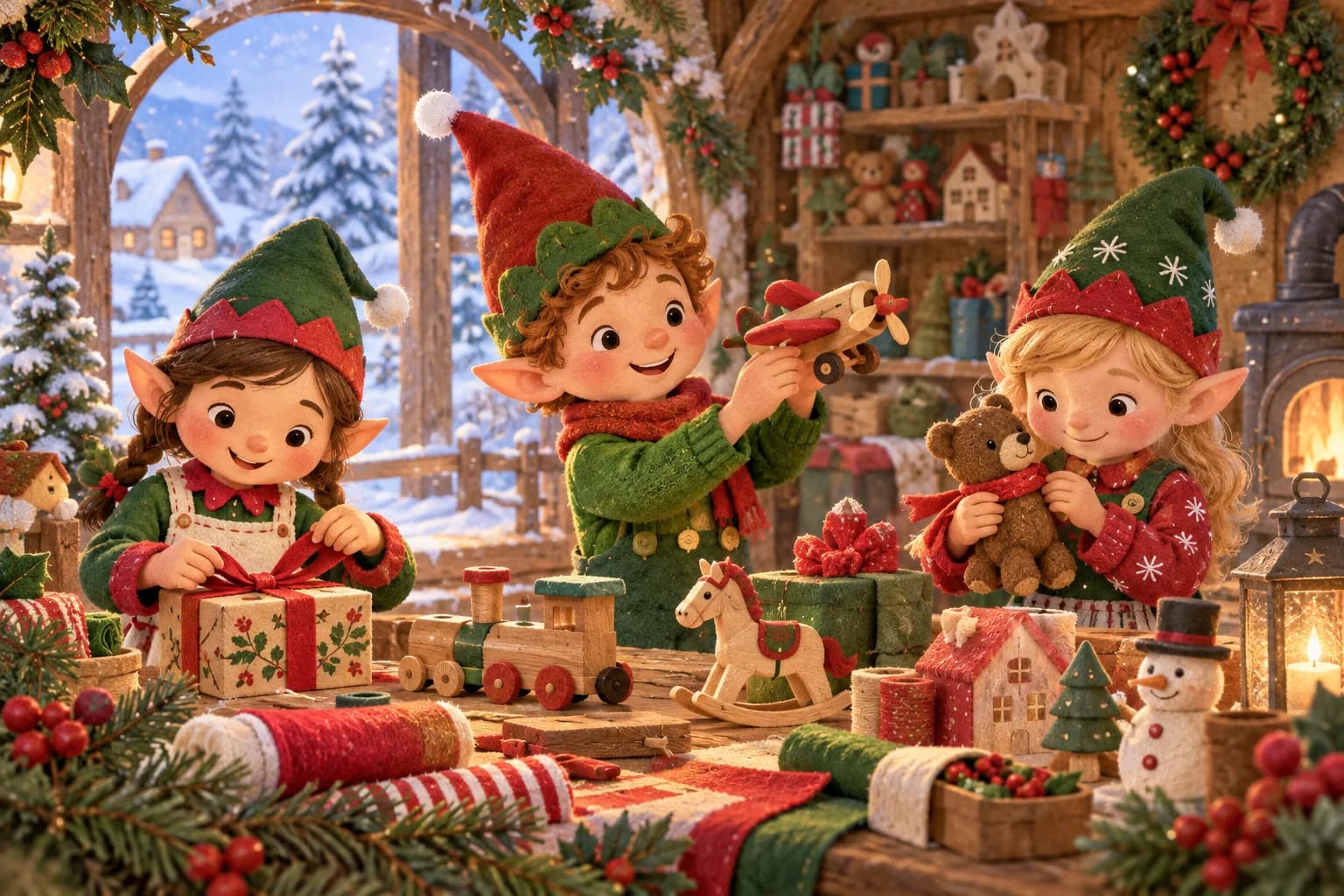 Trois lutins en vêtements verts et rouges dans un atelier de Noël enneigé